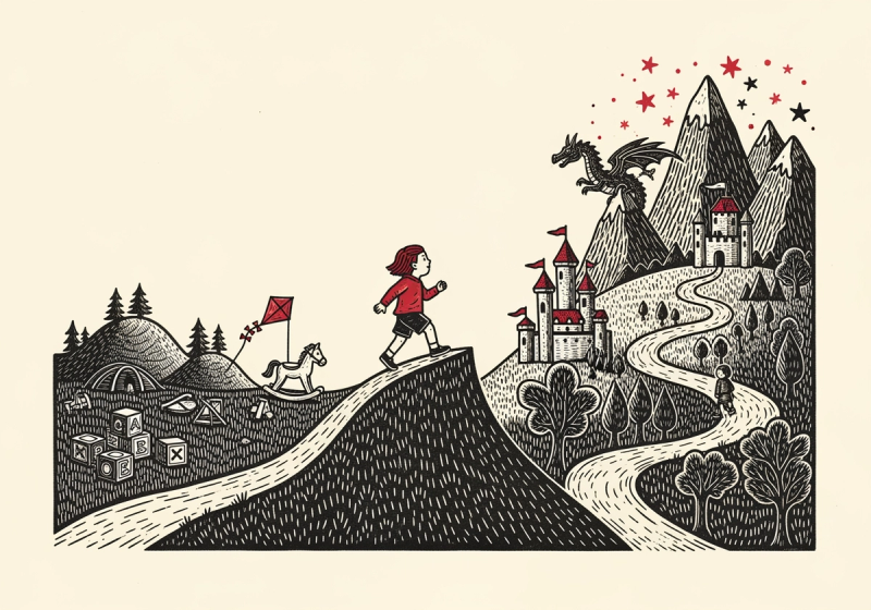 Linocut illustration: a ten-year-old strides up a path from a small world of toy blocks and a rocking horse toward a bigger landscape of castles, mountains and a dragon.