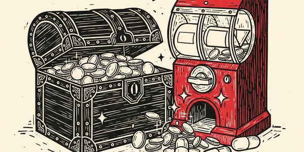 Linocut illustration of an open treasure chest beside a capsule-prize machine spilling blank coins.