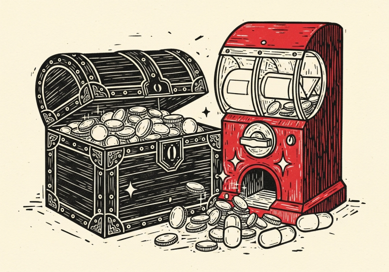 Linoleumsnittsillustration av en öppen skattkista bredvid en kapselmaskin som spiller ut tomma mynt.