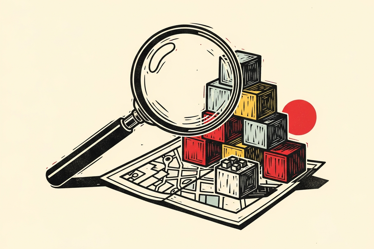 Linocut illustration of a magnifying glass examining colorful building blocks on a small map.