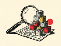 Linocut illustration of a magnifying glass examining colorful building blocks on a small map.