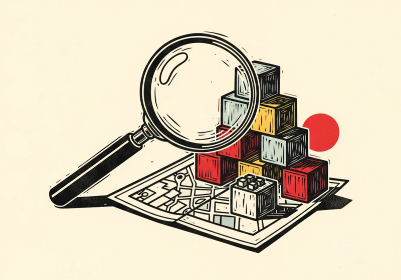 Linocut illustration of a magnifying glass examining colorful building blocks on a small map.