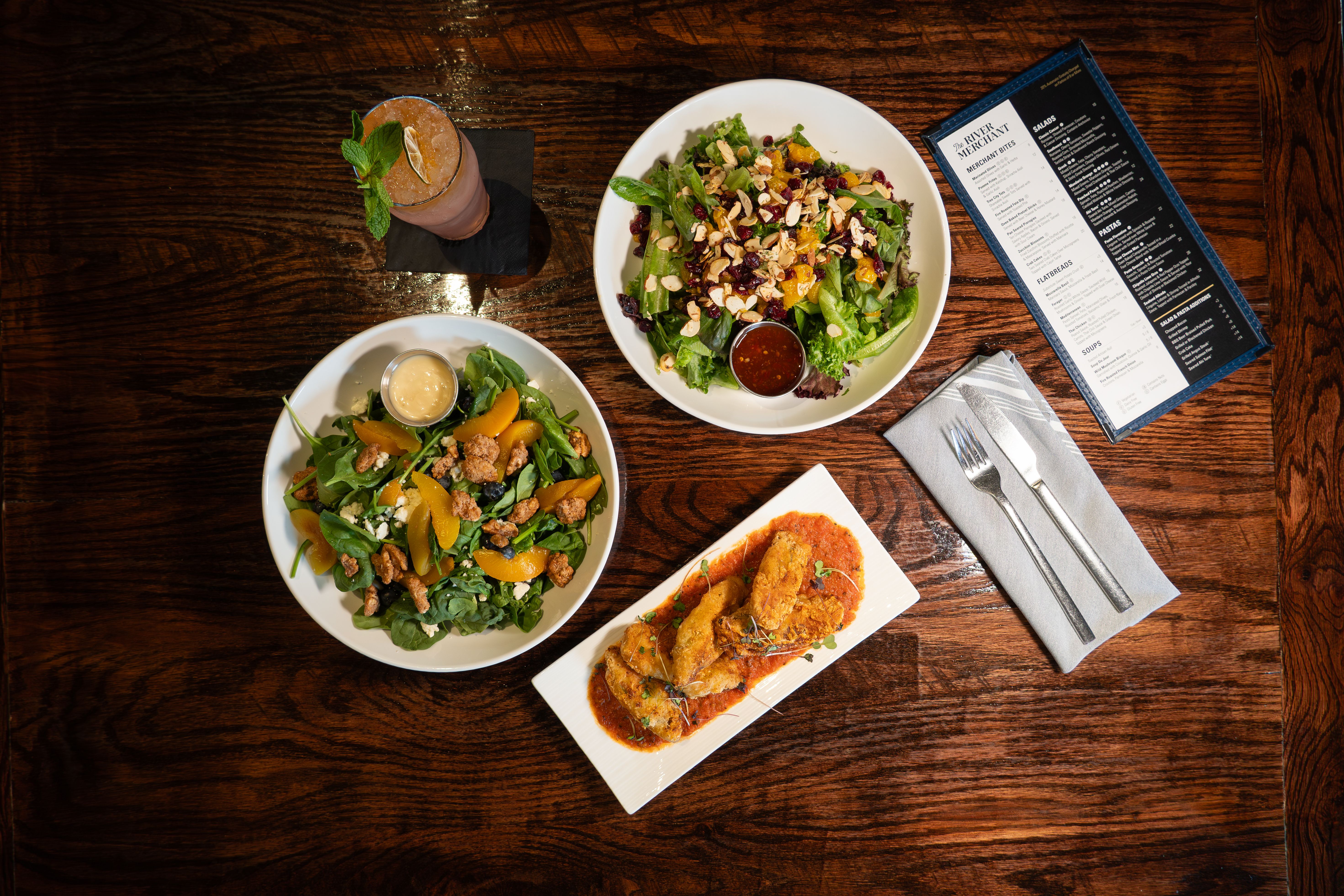 Poached Peach Salad, Mandarin Salad, Zucchini Blossoms & Watermelon Mojito 