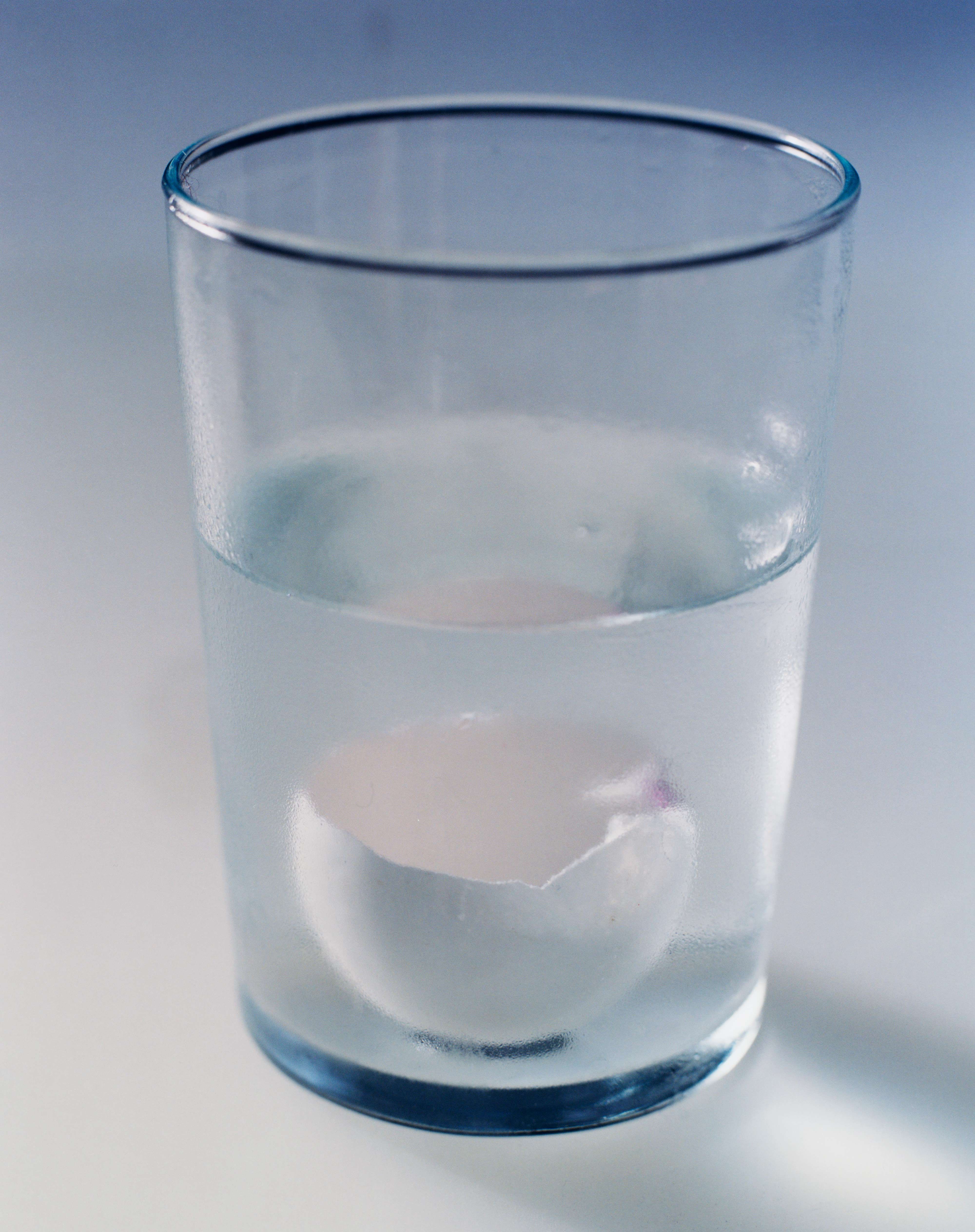 Clear glass of water with a cracked white eggshell submerged, on a cool-toned surface.