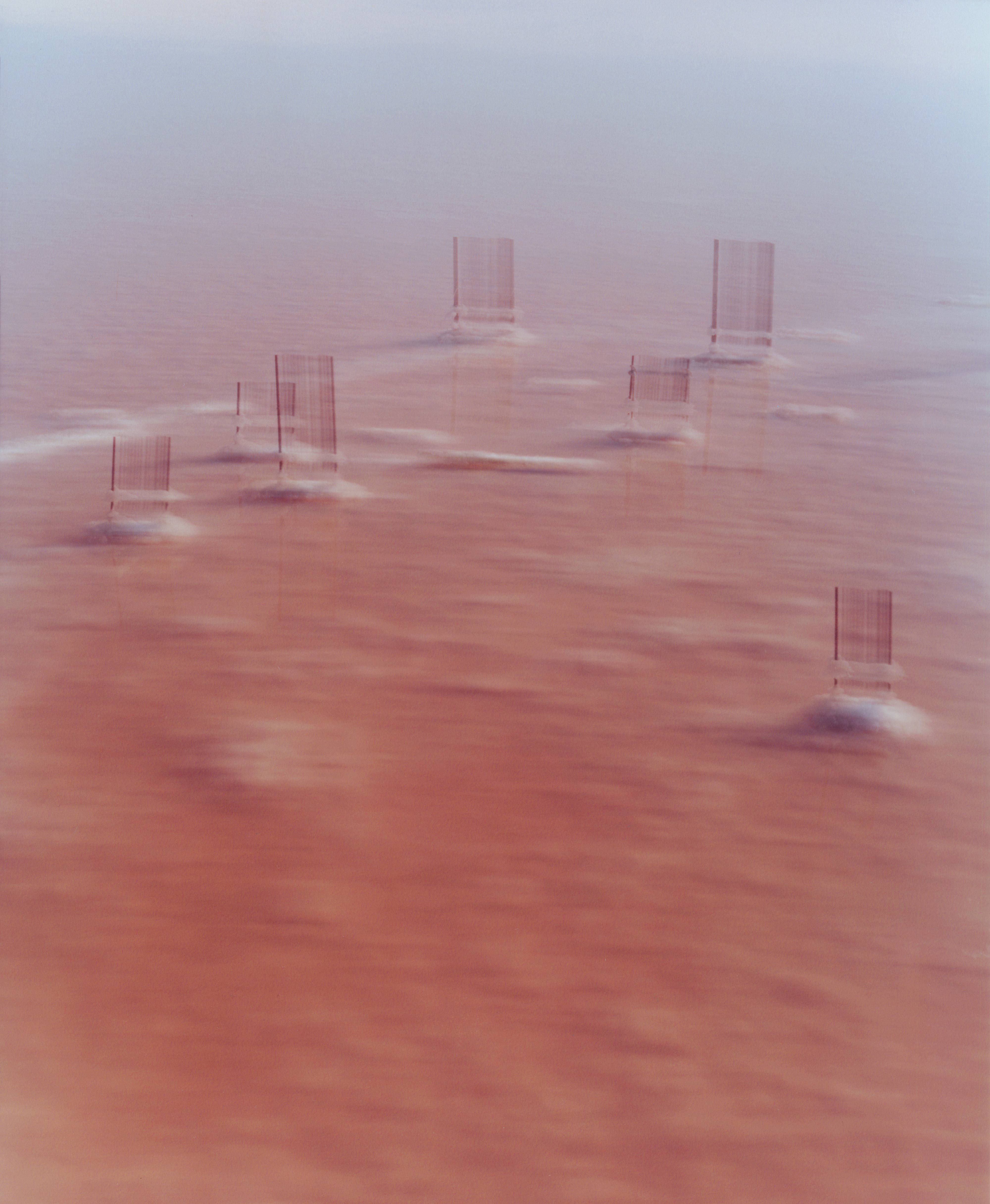 Soft-focus view of a pink, salt-flat–like expanse with several thin rectangular mesh frames emerging from the surface.
