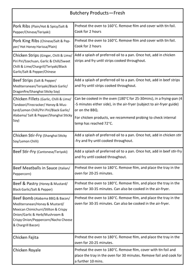 Butchers cooking instructions page 1