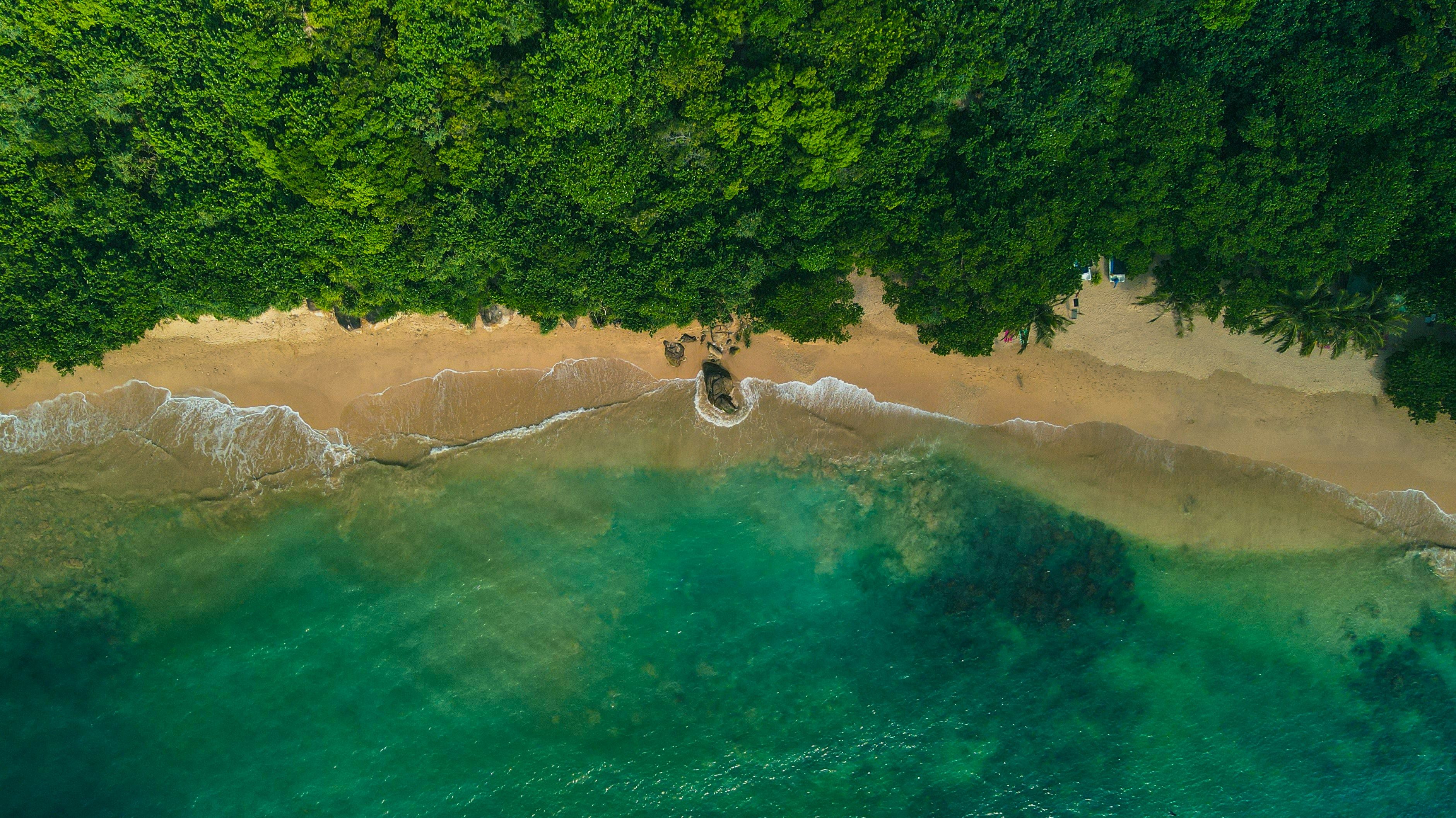 Aerial drone view of Jungle Beach with turquoise water, golden sand, and dense tropical jungle meeting the shoreline, Unawatuna, Sri Lanka