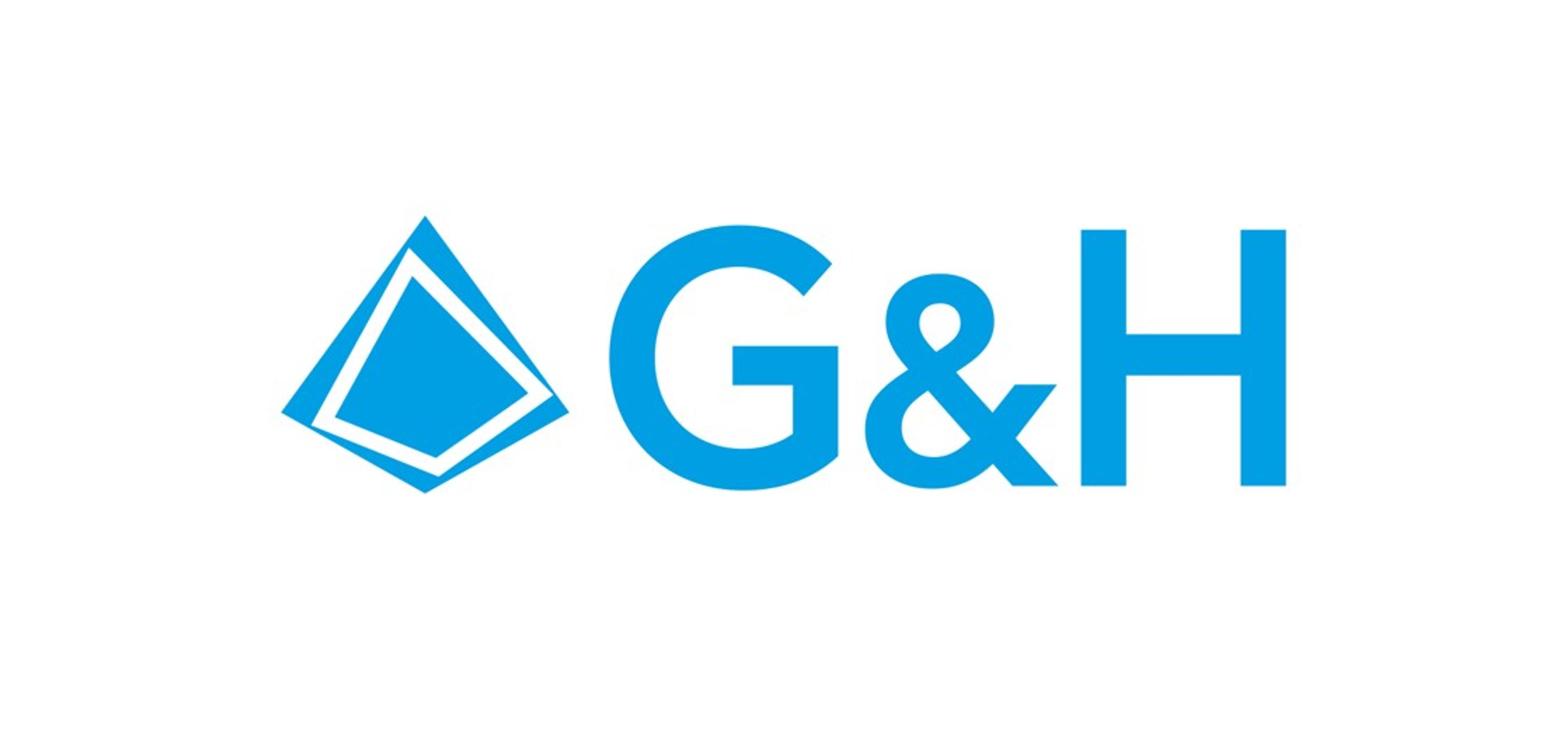 G&H company logo featuring a stylized blue geometric diamond shape to the left of bold blue letters “G&H” on a white background.