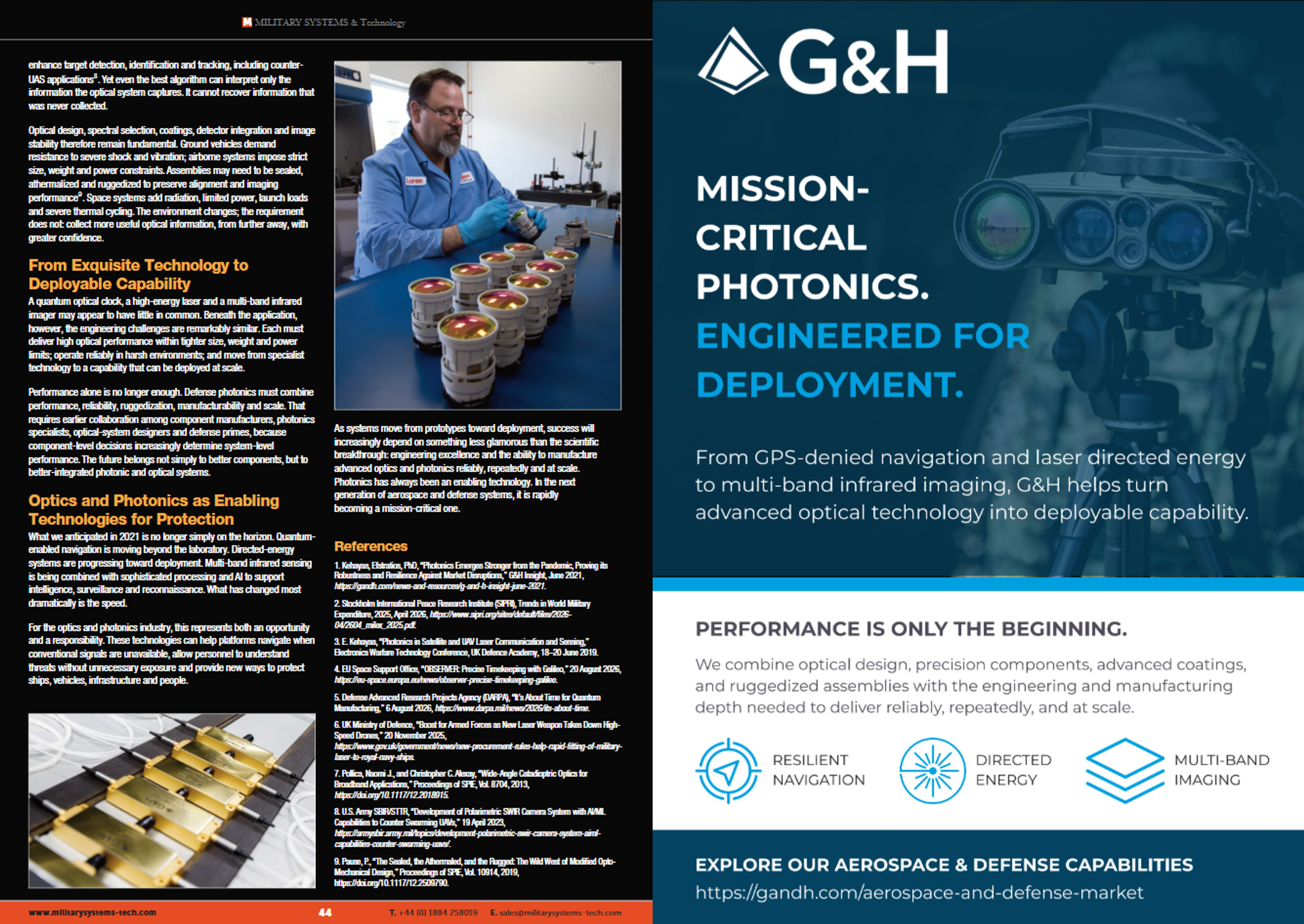 G&H article and advertisement in Military Systems & Technology’s October 2026 issue, featuring optical manufacturing and mission-critical photonics for navigation, directed energy and infrared imaging.