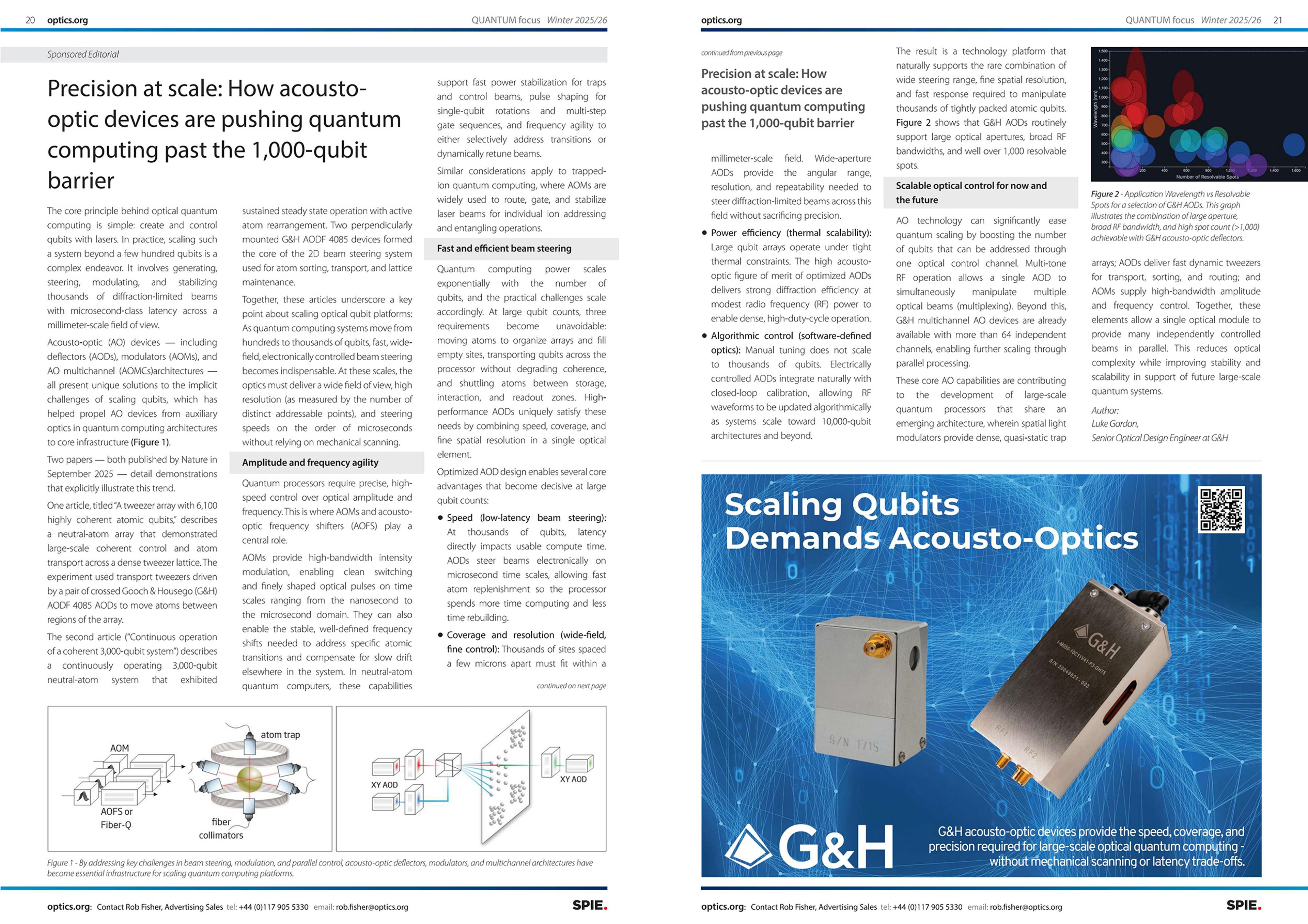 Two-page spread from optics.org Quantum Focus Winter 2025/26 featuring a sponsored editorial titled “Precision at scale: How acousto-optic devices are pushing quantum computing past the 1,000-qubit barrier,” with dense technical text, diagrams of acousto-optic beam steering, a data visualisation chart, and a G&H advertisement highlighting acousto-optic devices for scaling qubit control.