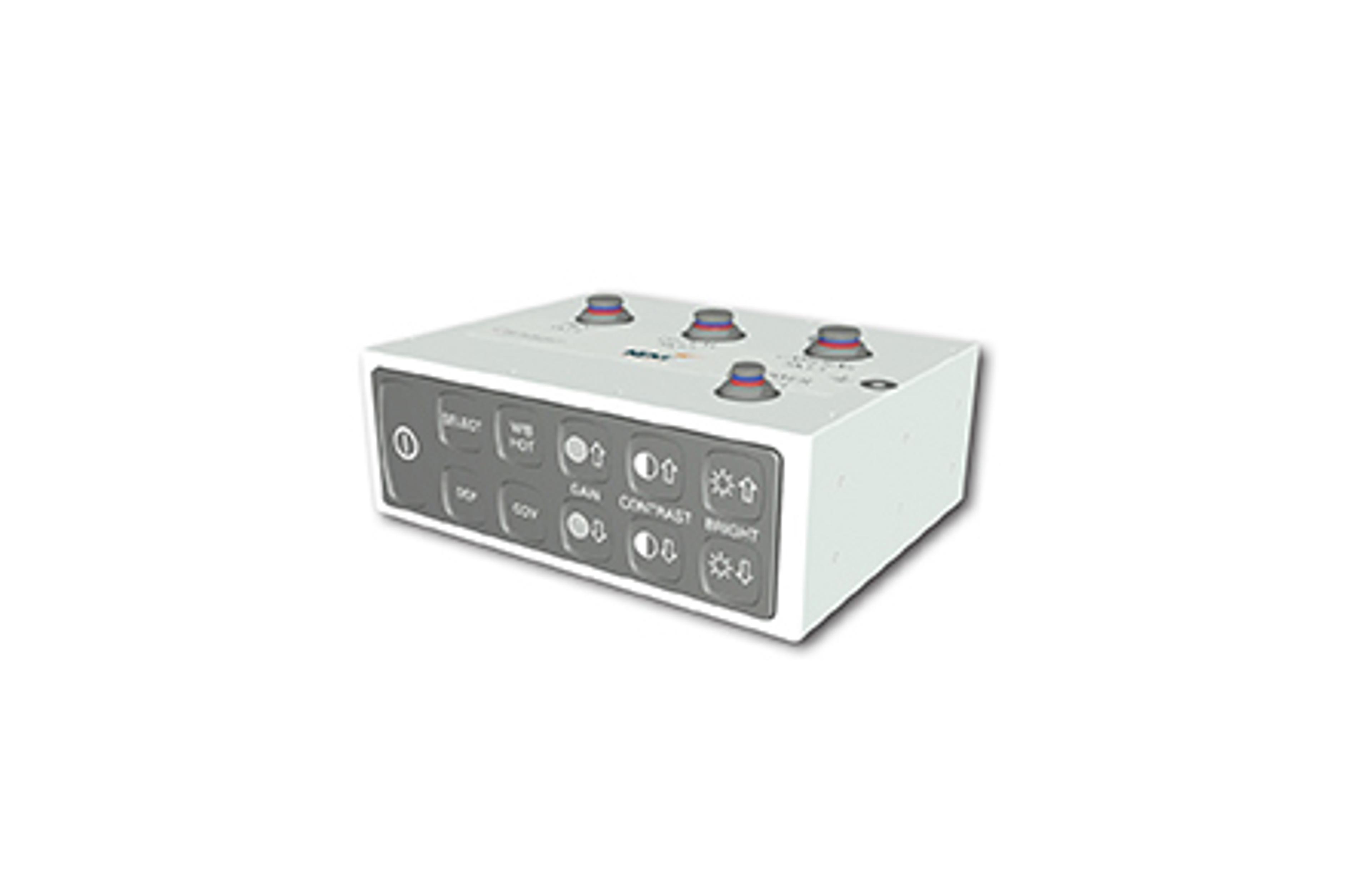 Spectre Camera Module Control Panel - A compact electronic control unit with a white casing, featuring a front panel of labeled buttons for functions like power, zoom, gain, contrast, and brightness. The top surface includes four rotary knobs, indicating it is used for managing settings on an optical or imaging system.
