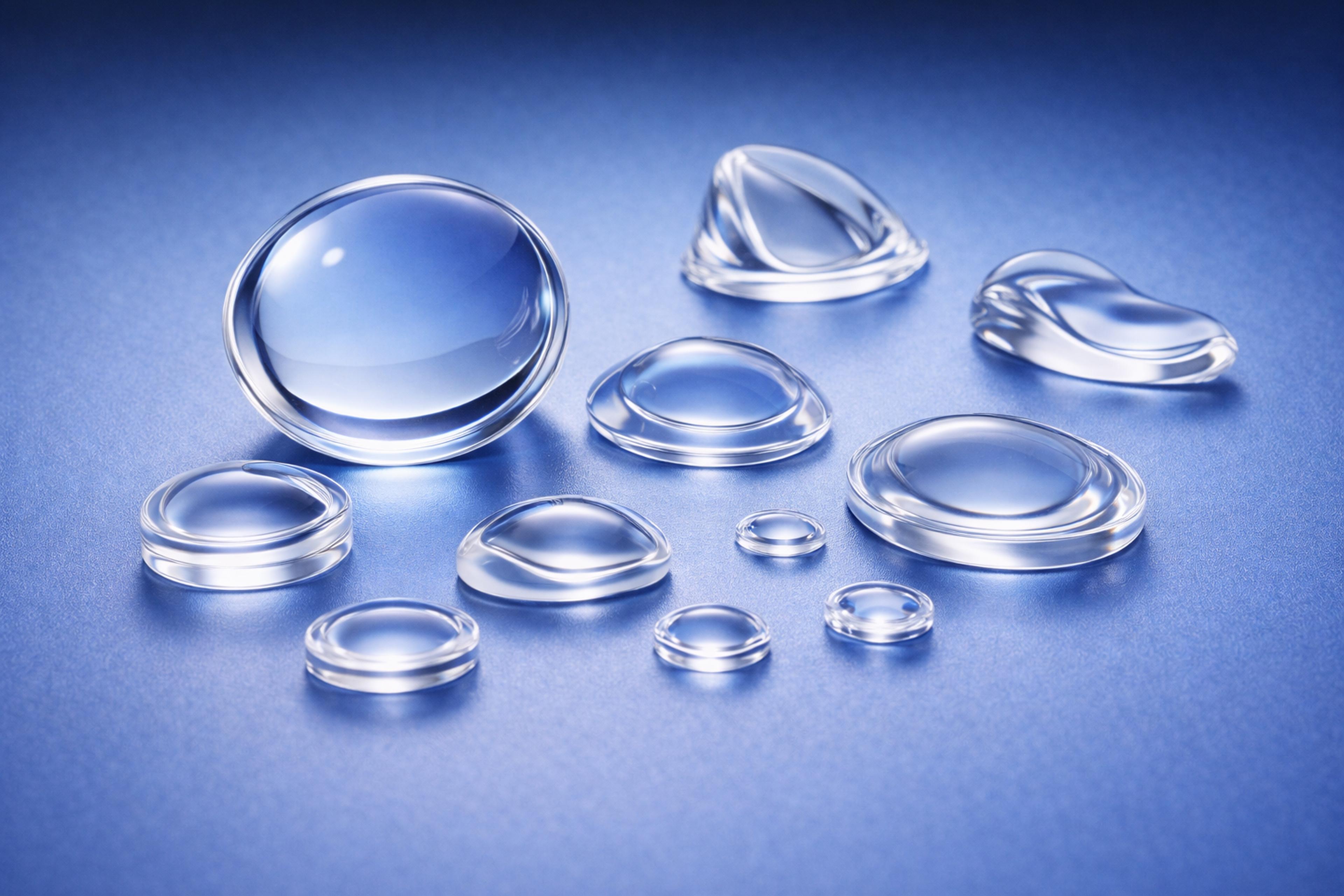 A selection of Aspherical polymer optic lenses on a blue graduated background