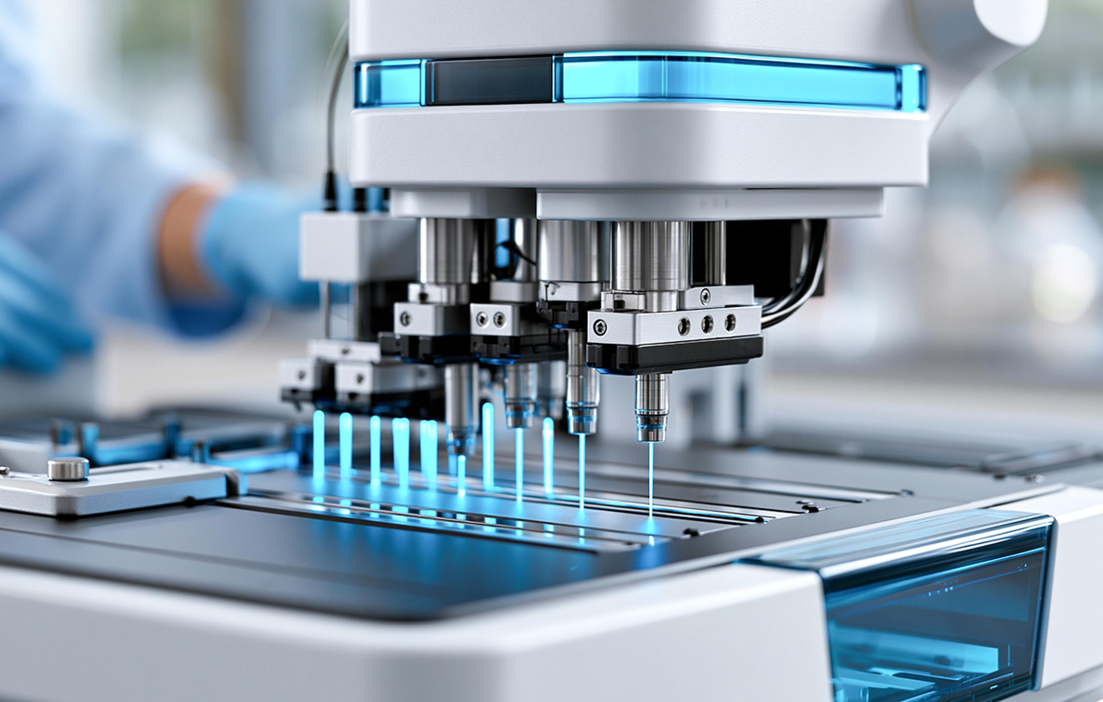 Close-up of an automated flow cytometer using blue lasers and precision optical systems to analyse cells in a research laboratory, representing biomedical technology, cellular analysis and laser-based diagnostics.