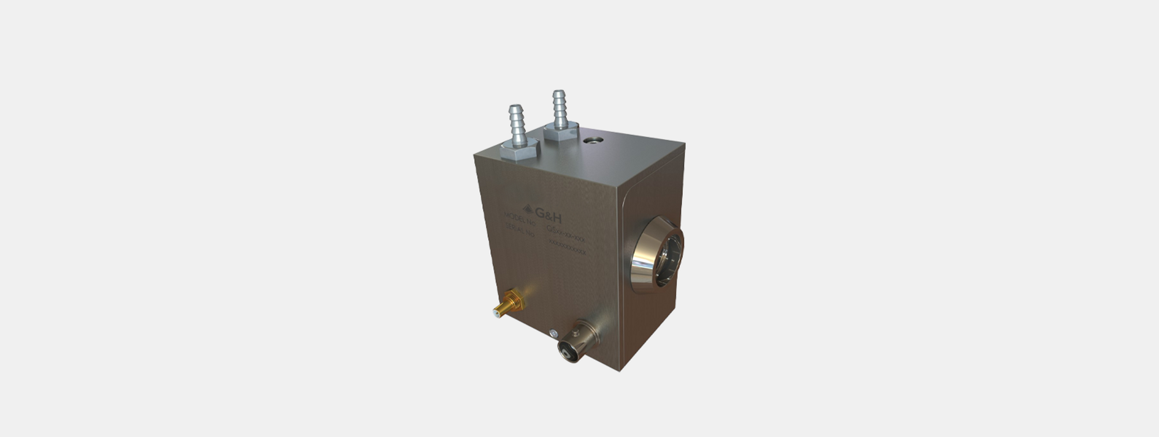 Industry Standard AO Q-Switch product image - A G&H Industry Standard AO Q-Switch device featuring a rectangular metal housing with labeling for model and serial number. The unit has two metallic fluid fittings on the top, a gold coaxial connector, a larger optical port on the side, and a secondary connector on the front panel. The device is used in laser systems to control beam timing and modulation.