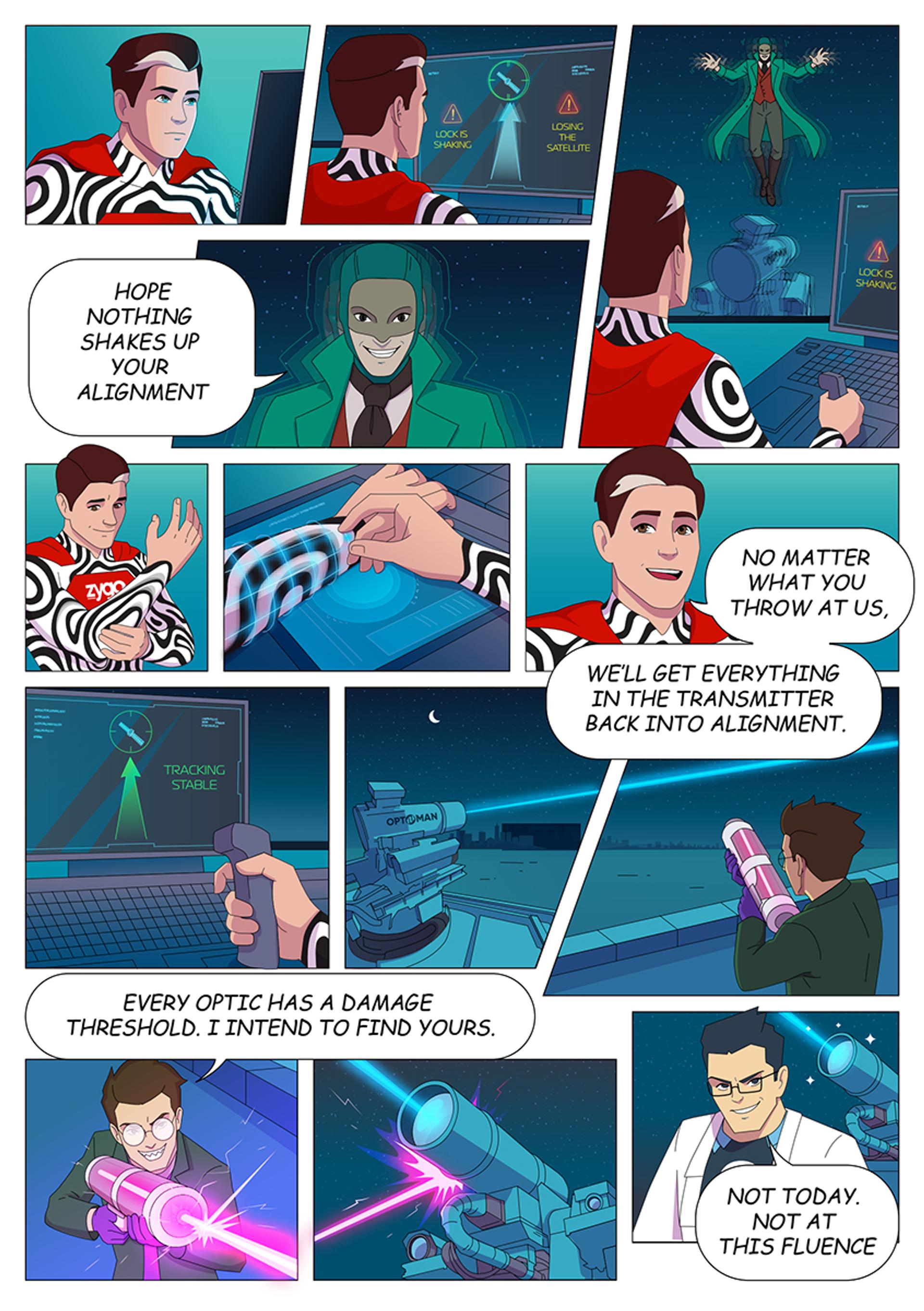 Comic-style Superhero League of Photonics scene showing a hero restoring satellite transmitter alignment while a villain attempts to disrupt the optical system with a high-powered laser.