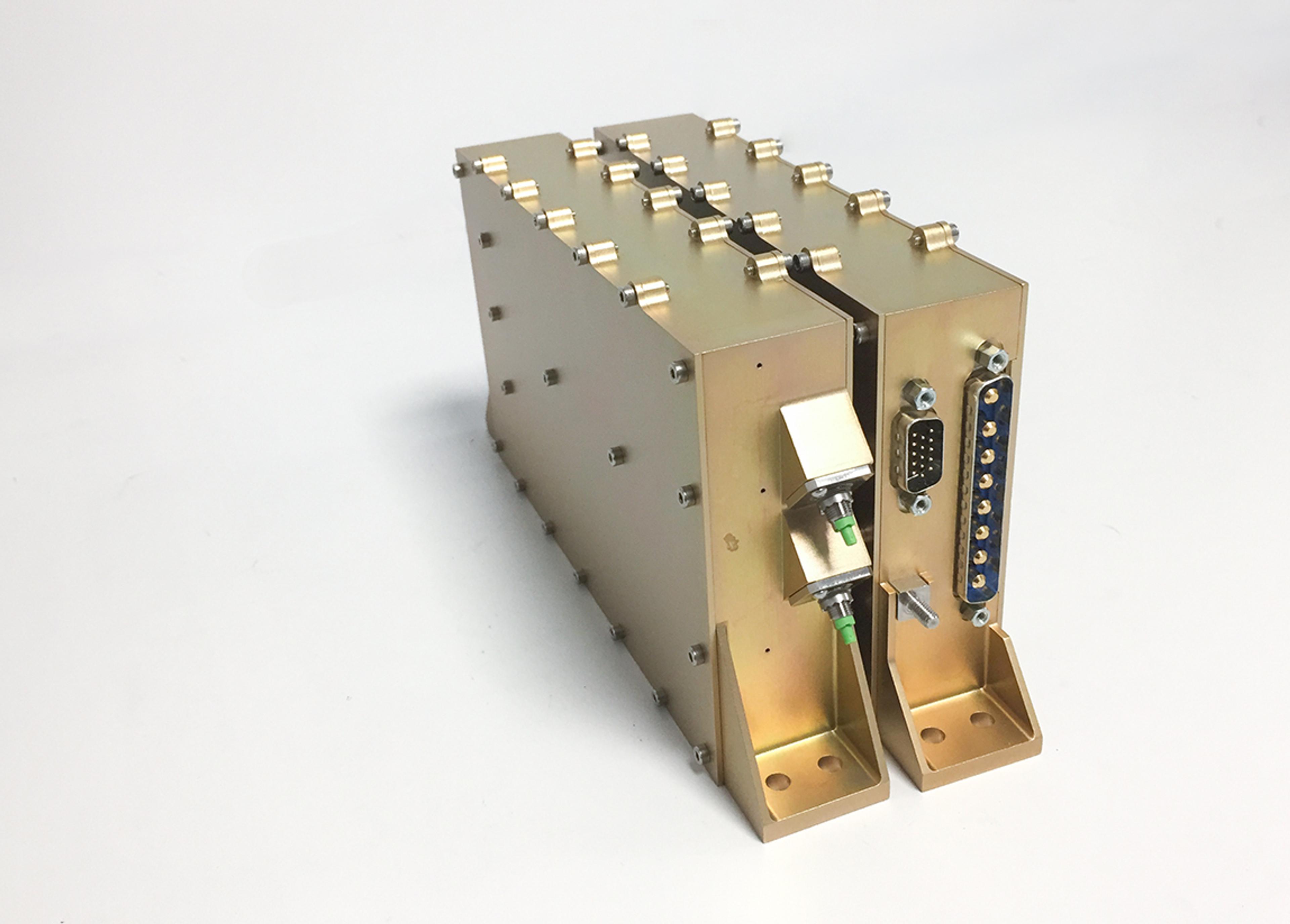 Pair of compact G&H custom OEM fiber optic modules in metal housings, featuring optical connectors, electrical interfaces and mounting brackets.
