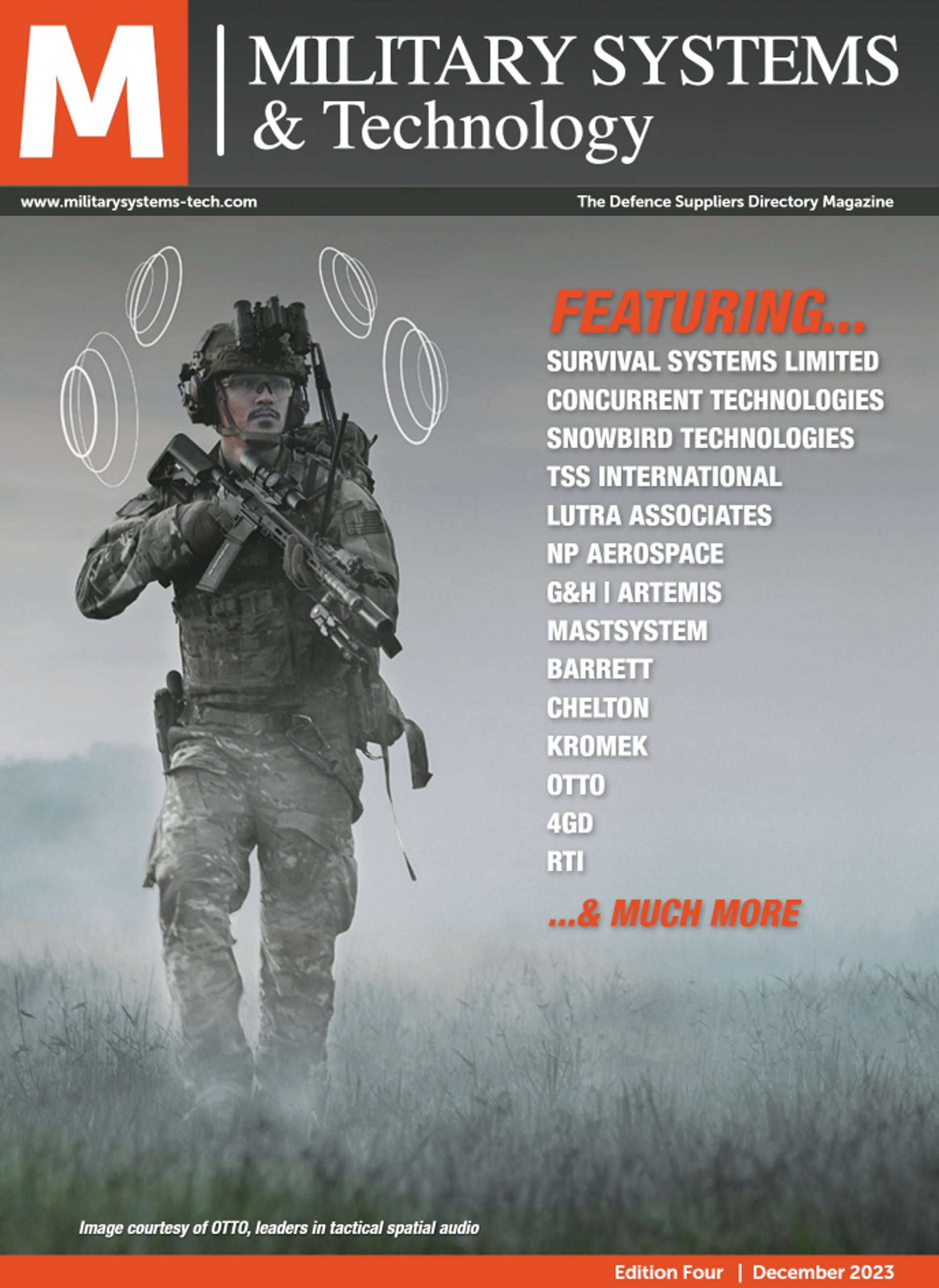 Front cover of the Military Systems & Technology magazine, Edition Four, December 2023. The top features the publication's title in white text on a dark background, accompanied by a bold red "M" logo. The main image shows a soldier in full tactical gear holding a rifle while walking through a misty field. White illustrated sound wave graphics surround his head, indicating advanced communication or audio technology. The right side lists featured companies in bold white and orange text, including Survival Systems Limited, Concurrent Technologies, NP Aerospace, G&H | Artemis, and OTTO. The footer confirms the issue date and edition number.