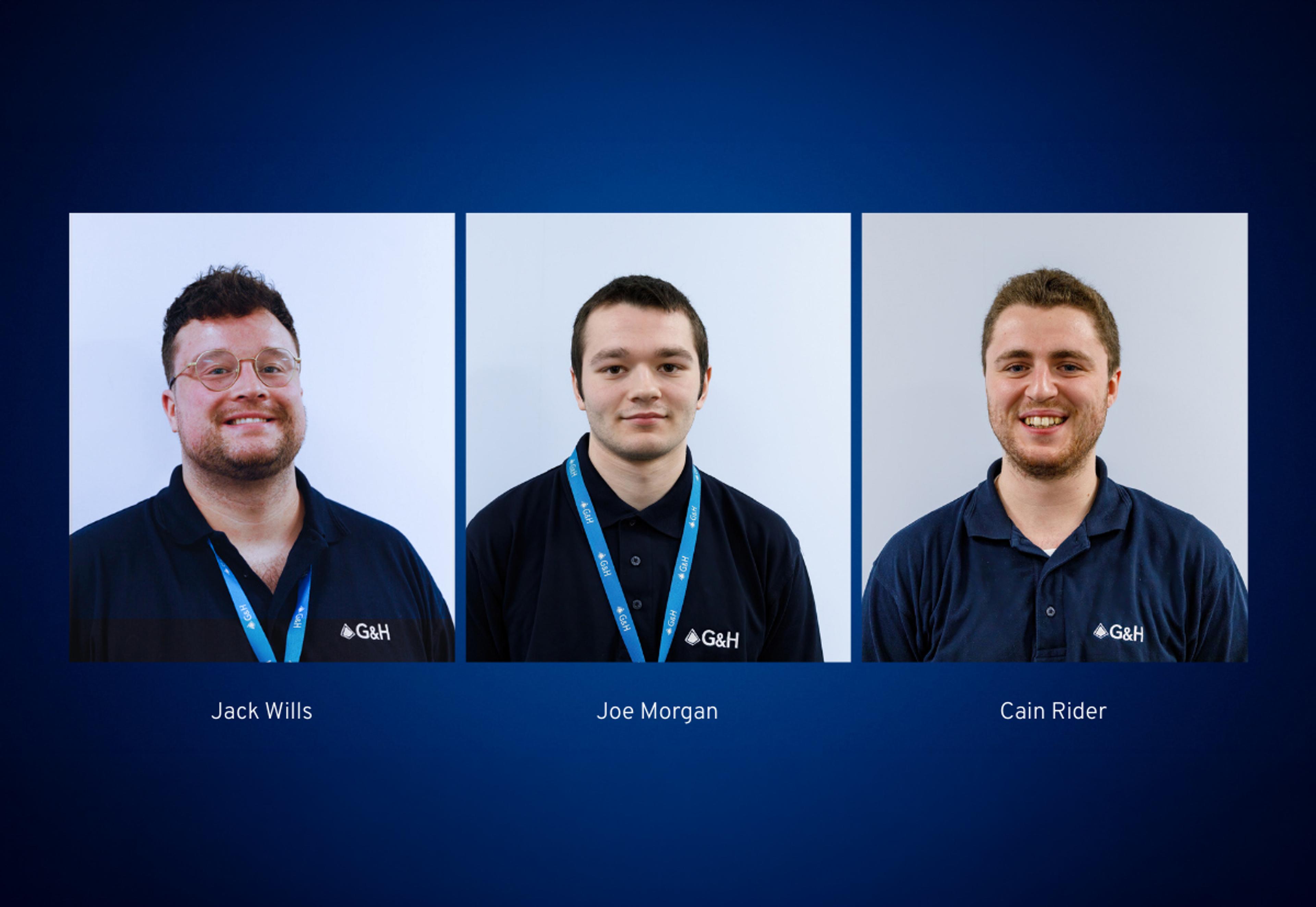 Portrait collage of three G&H apprentices in navy branded polo shirts against a blue background, with names shown below: Jack Wills, Joe Morgan and Cain Rider.