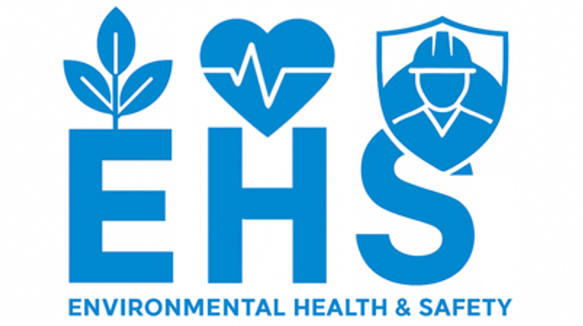 EHS Environmental Health & Safety logo featuring icons of a plant, a heart monitor symbol, and a worker with a safety helmet above the letters EHS