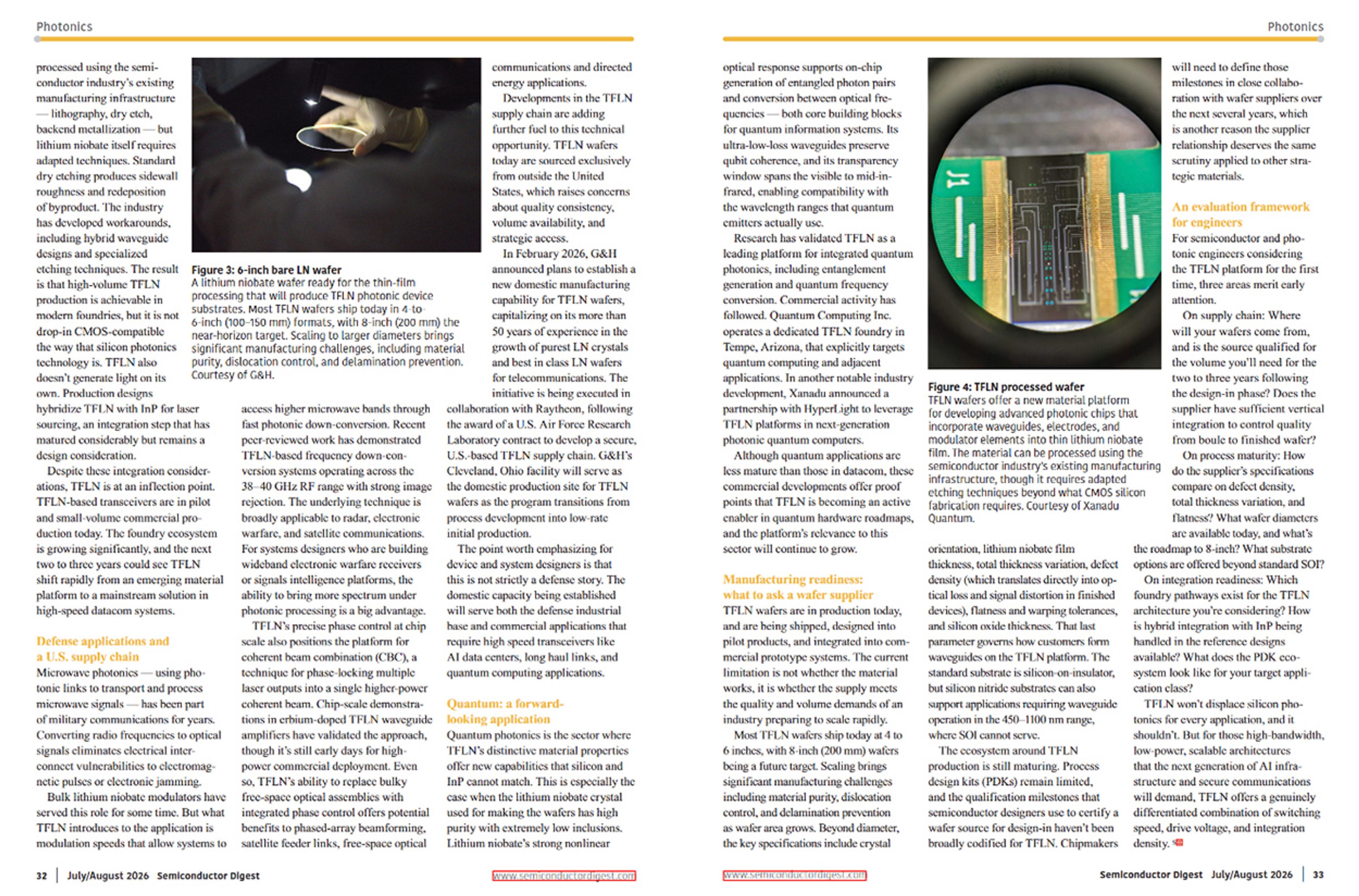 Two-page continuation of G&H’s Semiconductor Digest article on TFLN, featuring photographs of a bare lithium niobate wafer and a processed photonic wafer, alongside discussion of defence, quantum and manufacturing applications.