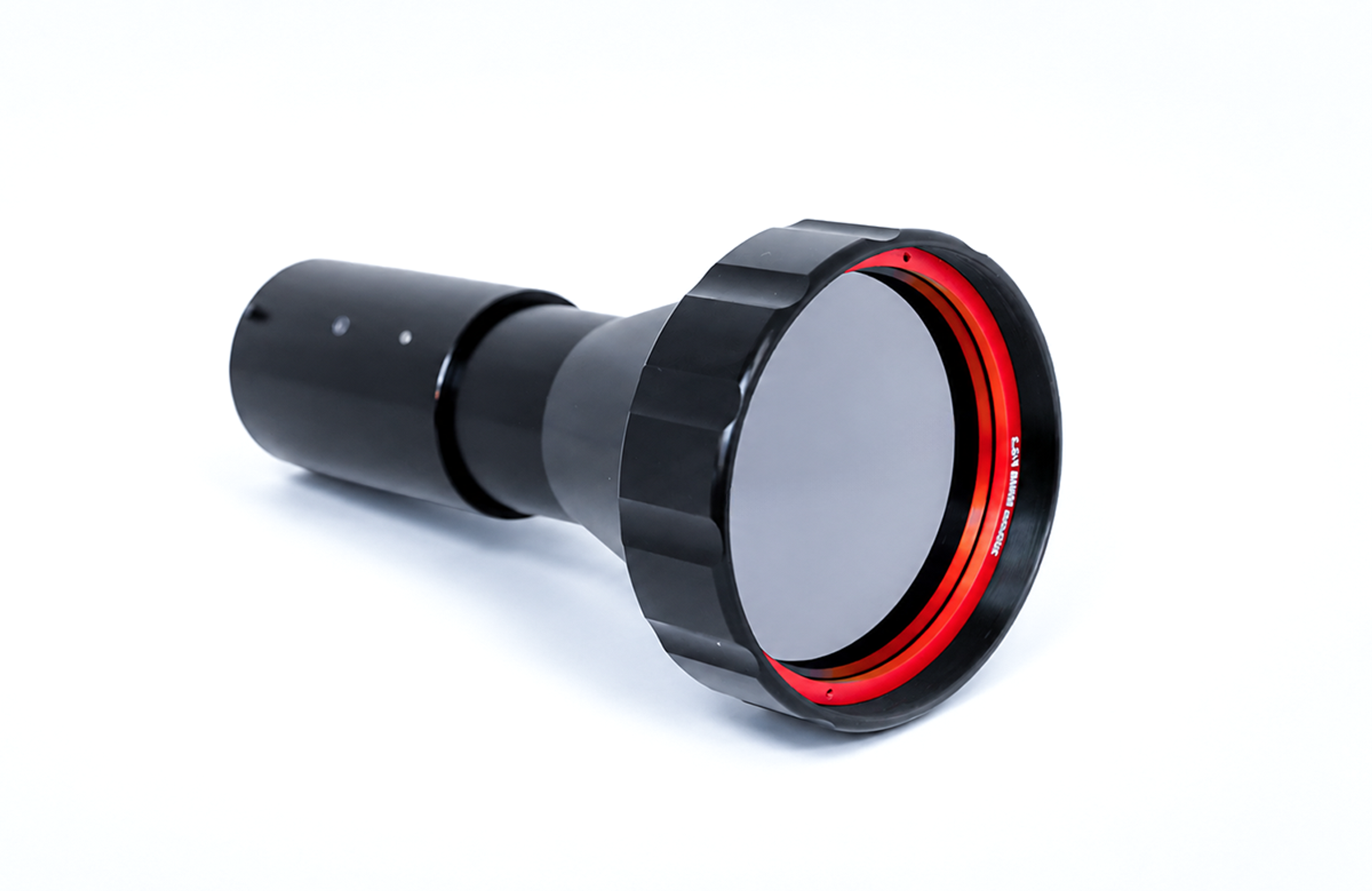 Black and grey optical lens assembly with a red ring around the front element, shown on a white background.