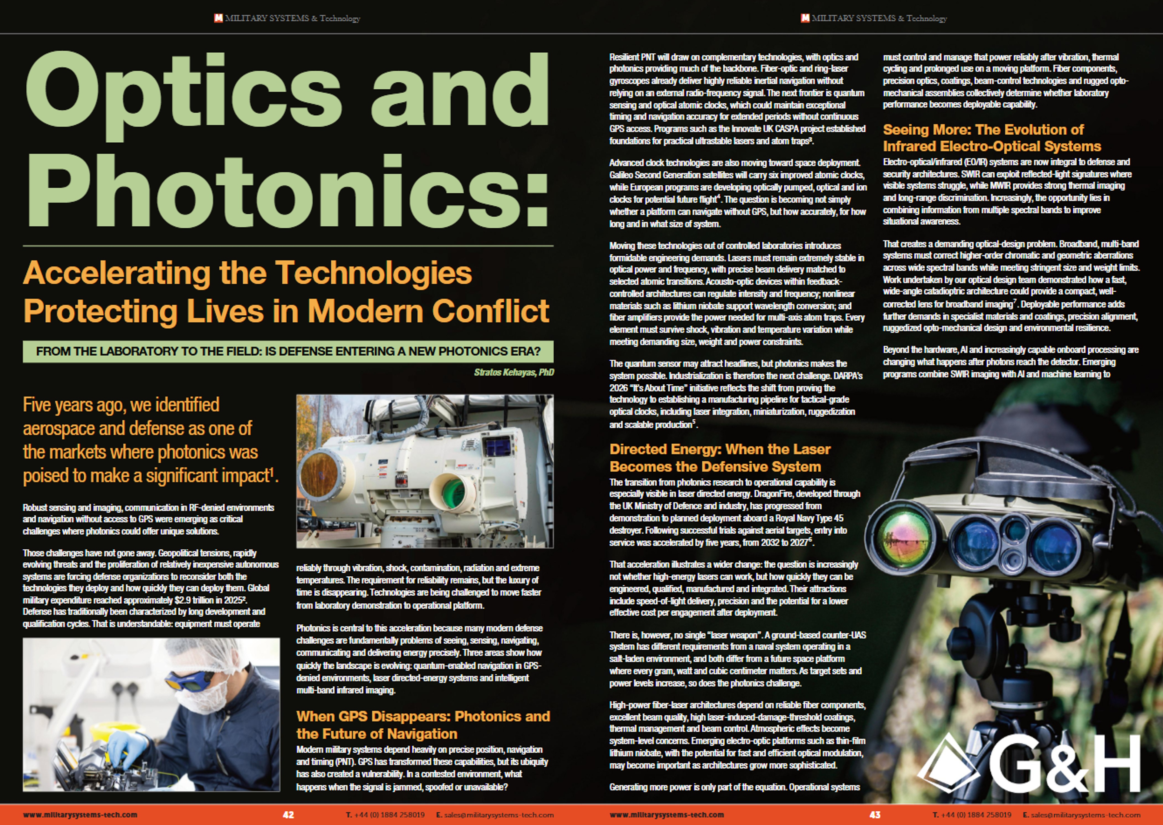 G&H’s two-page optics and photonics feature in Military Systems & Technology’s October 2026 issue, illustrating laser systems, laboratory work and electro-optical equipment.