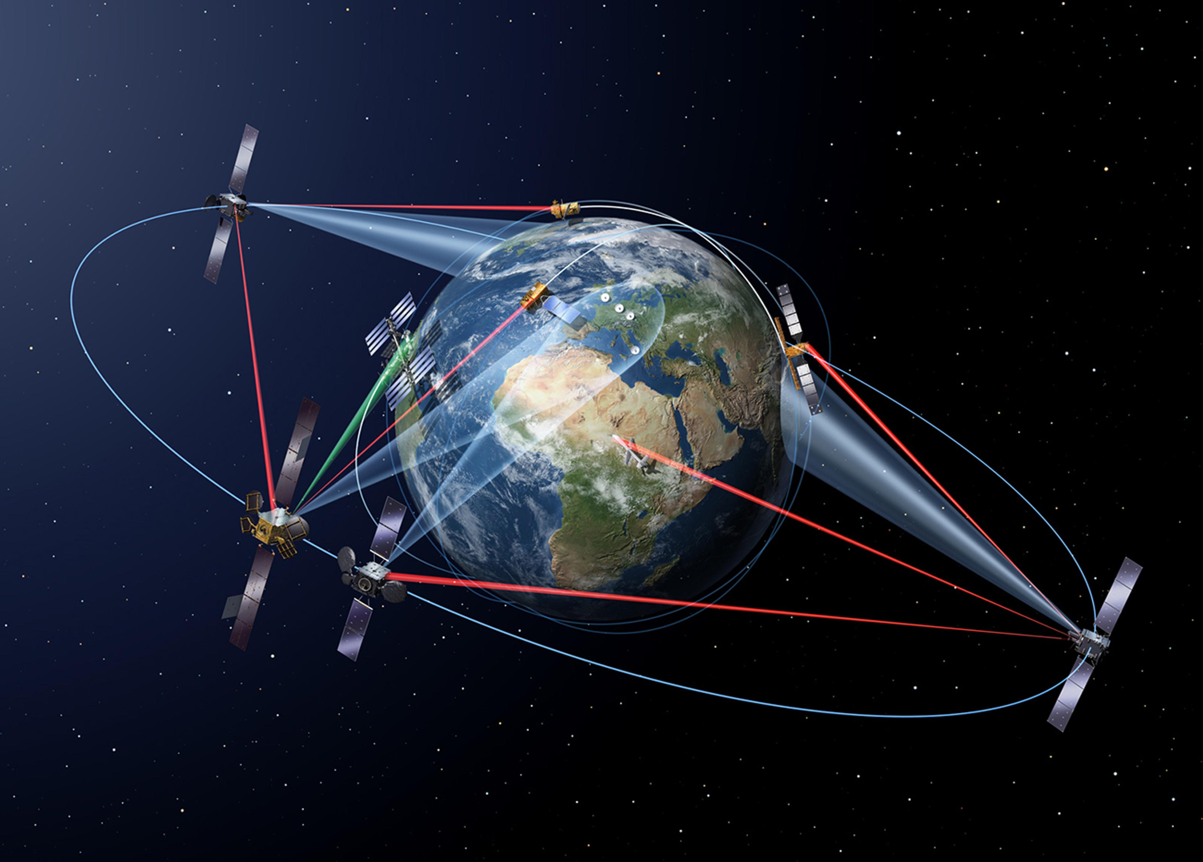 Illustration of multiple satellites orbiting Earth and connected by inter-satellite laser links, with optical beams forming a global space communications network.