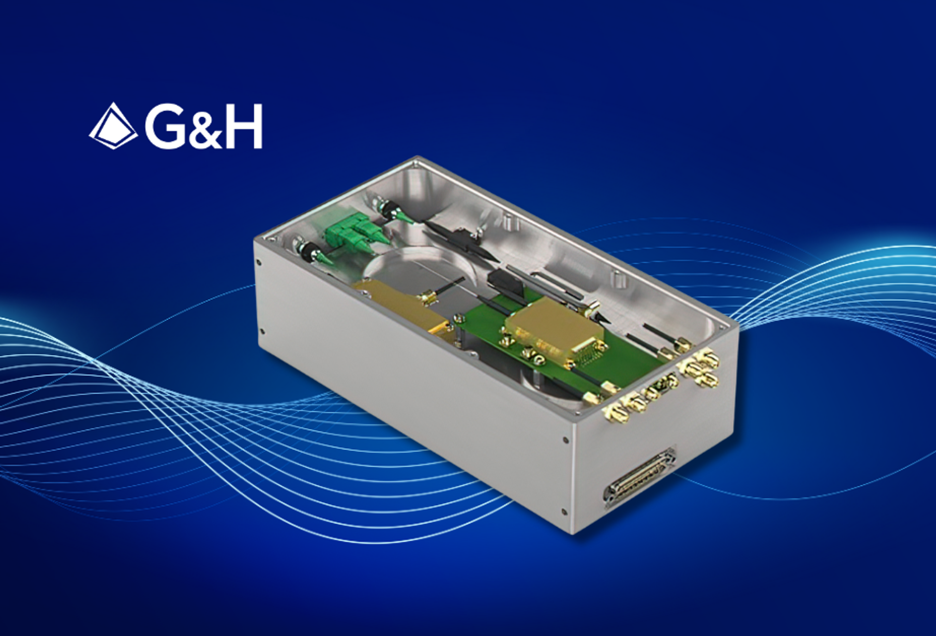 G&H photonic laser engine showcased against a blue wave-pattern background with G&H logo