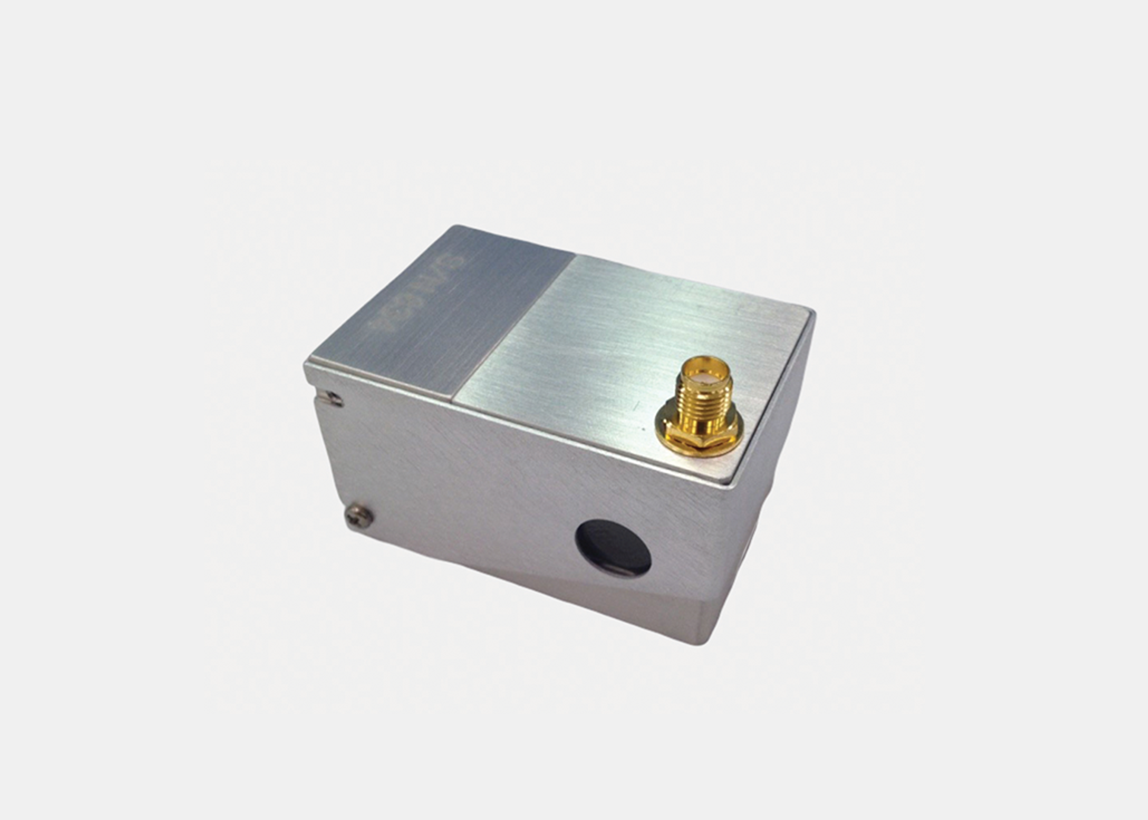 Silver acousto-optic beam deflector module with a gold RF connector and an optical aperture, shown on a white background.