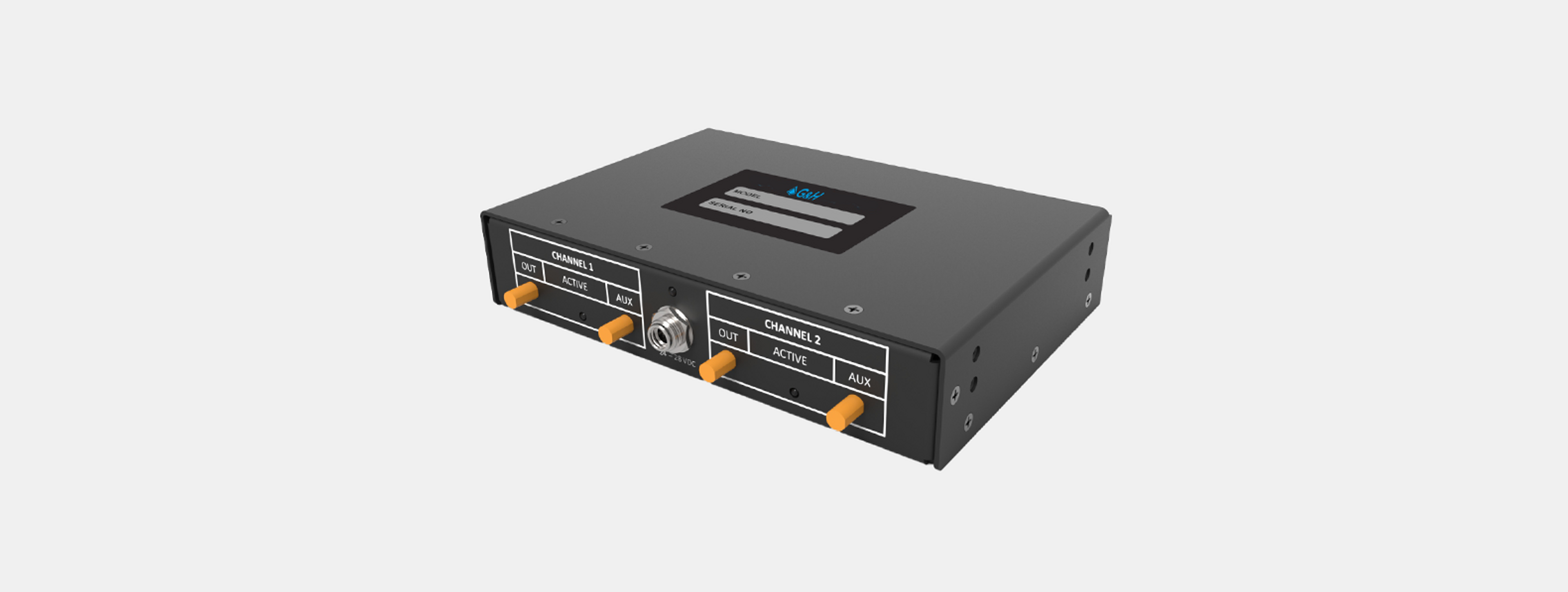 6000 Series Driver product image - A black rectangular G&H RF driver unit labeled as the "6000 Series," featuring two output channels. Each channel includes connectors for "OUT," "ACTIVE," and "AUX" functions, with orange protective caps on the ports. A central metal connector is labeled "24 VDC" for power input. The top of the unit has a label area with placeholders for model and serial numbers. The device is designed for high-performance optical or RF signal control applications.