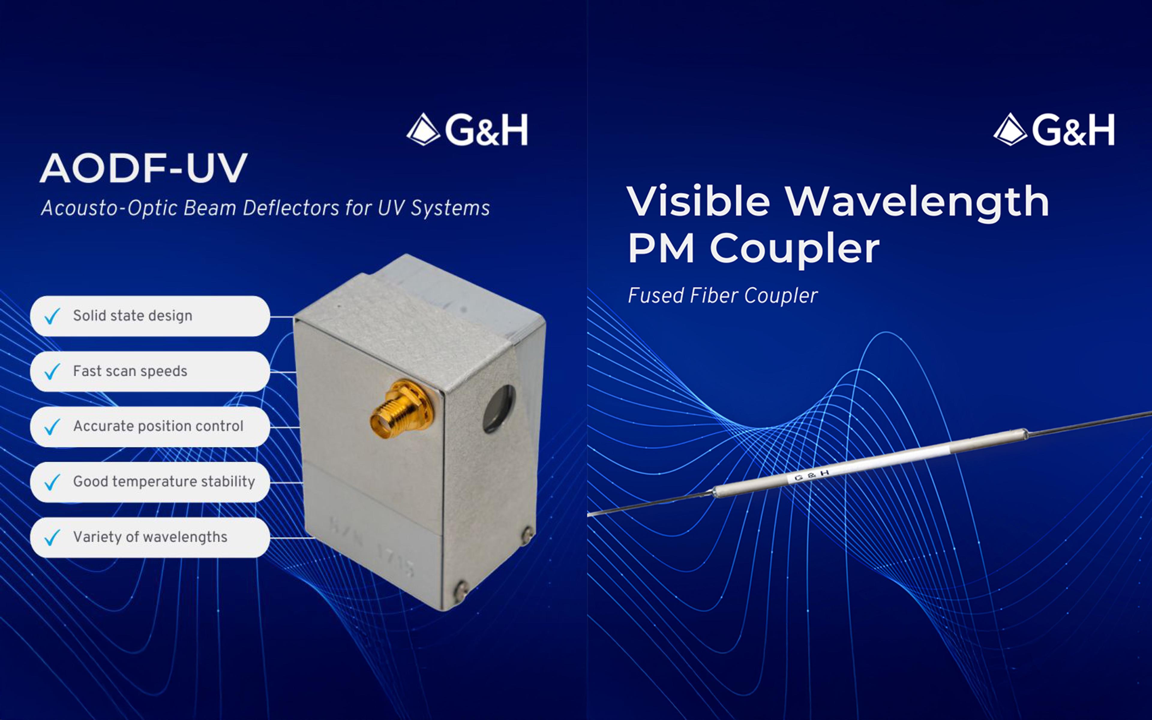 Images of Acousto Optic Beam Deflectors and Visible Wavelength PM Coupler on a blue background with 5 highlighted details