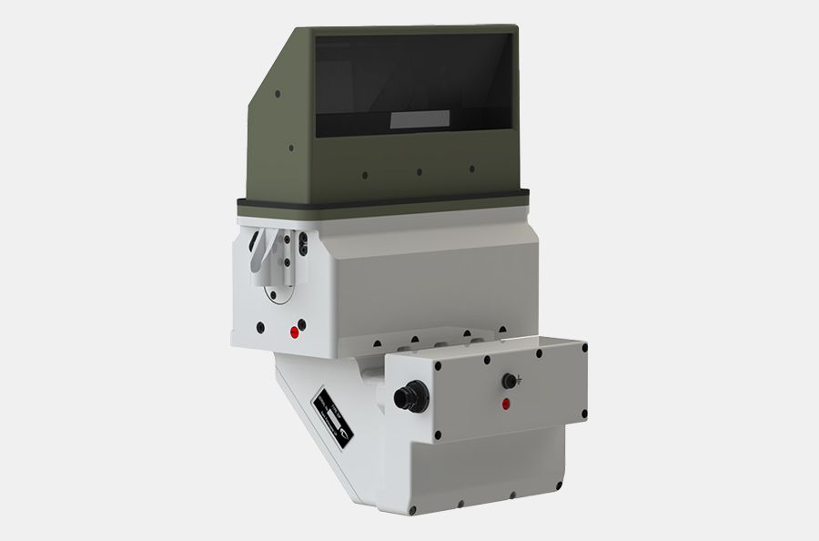 G&H Biocular Enhanced Imaging Periscope (EIP) shown from a front-left angle. The device features an olive-green hood with a dark rectangular viewport, mounted on a robust white housing. The unit includes multiple connection ports and adjustment knobs, indicating its use in advanced military vehicle optics systems for enhanced observation and targeting.