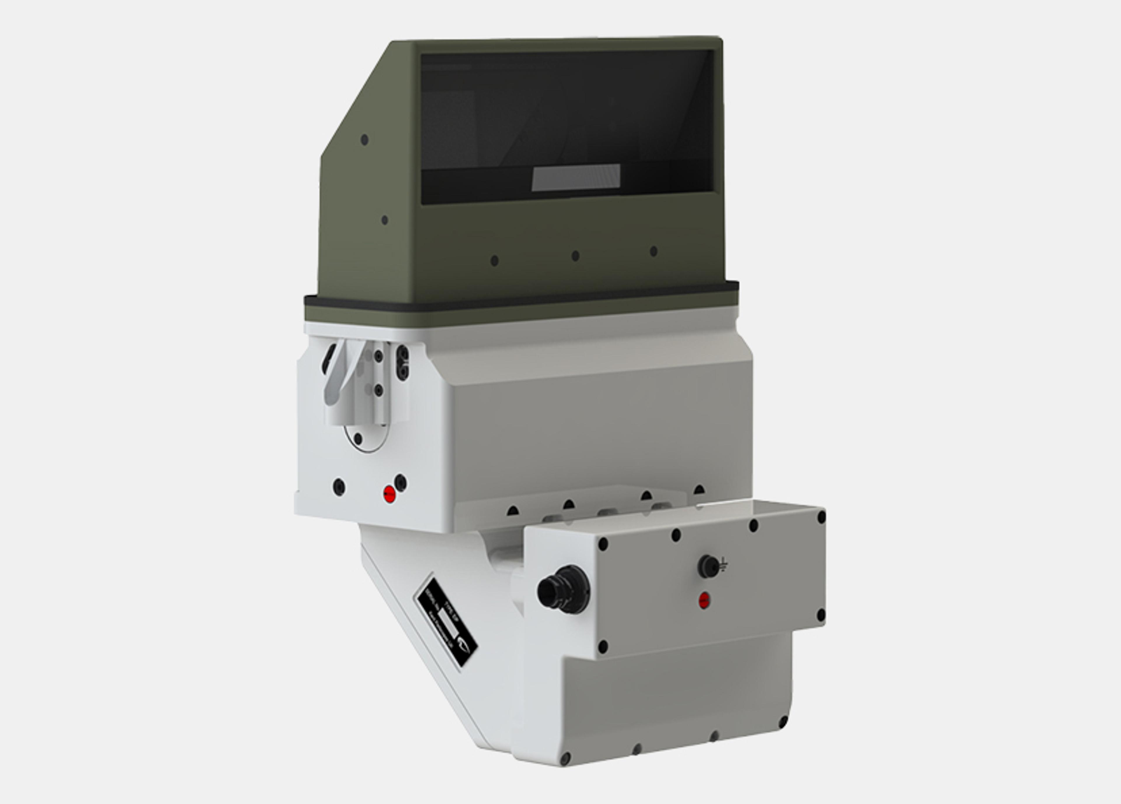 G&H Biocular Enhanced Imaging Periscope (EIP) shown from a front-left angle. The device features an olive-green hood with a dark rectangular viewport, mounted on a robust white housing. The unit includes multiple connection ports and adjustment knobs, indicating its use in advanced military vehicle optics systems for enhanced observation and targeting.