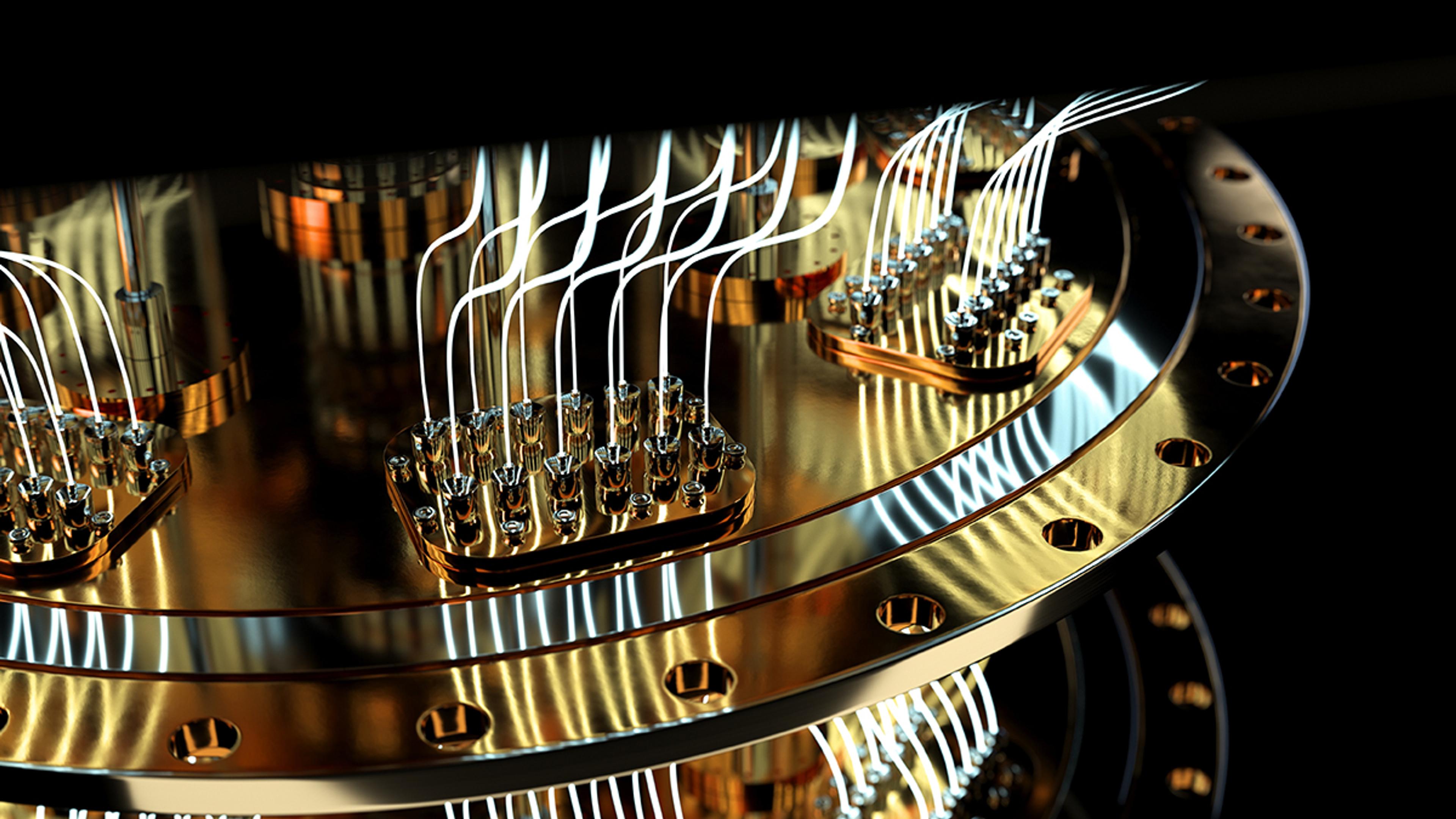 Quantum Cryptography - Close-up view of a quantum computing system or cryogenic quantum processor. The image shows a gold-plated circular structure with multiple connected wires and components, reflecting light and emphasizing its high-tech, precision-engineered design for advanced computing or quantum cryptography applications