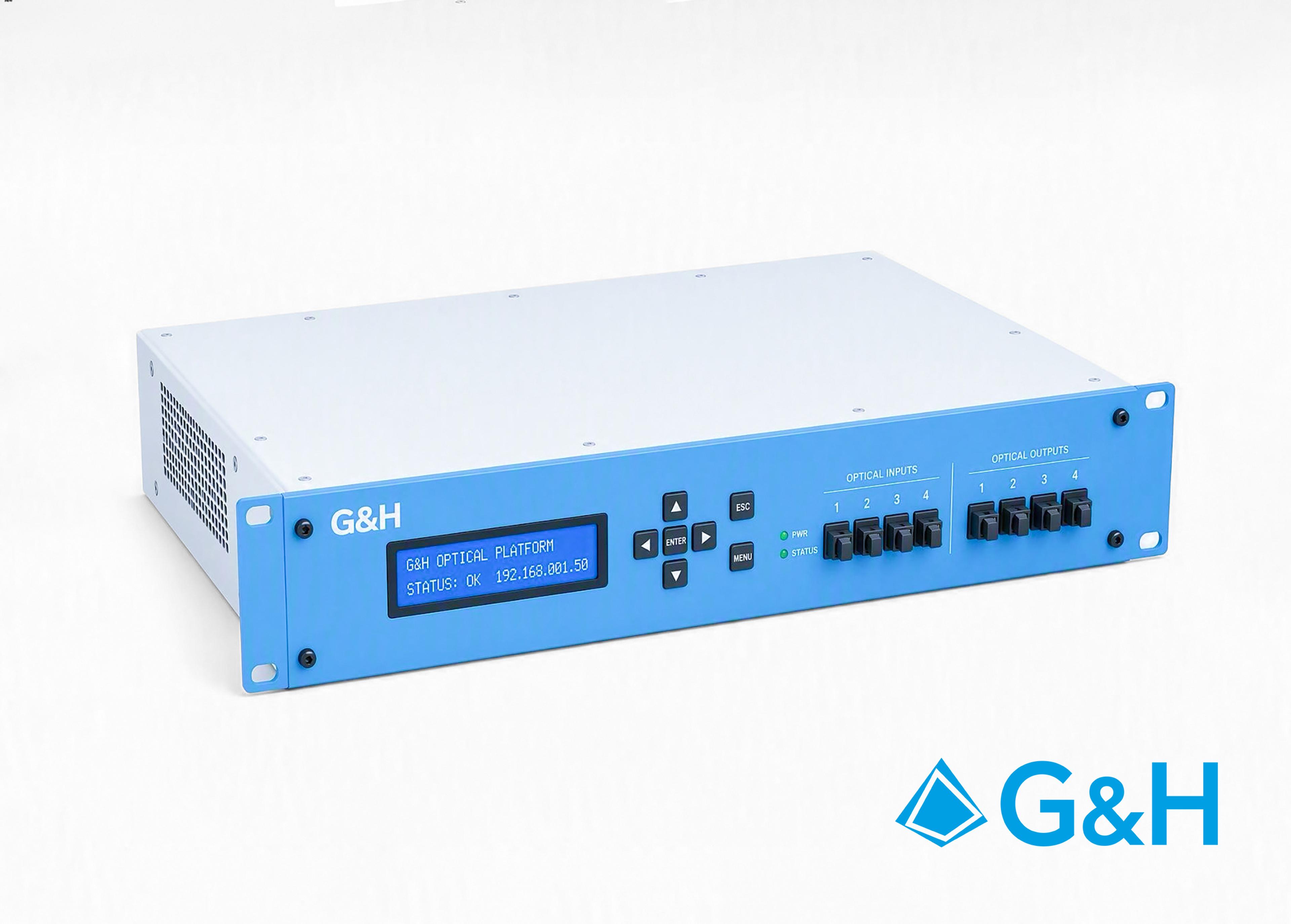 G&H custom fiber optic amplifier platform in a rack-mount enclosure with LCD display, control buttons and multiple optical input and output ports.