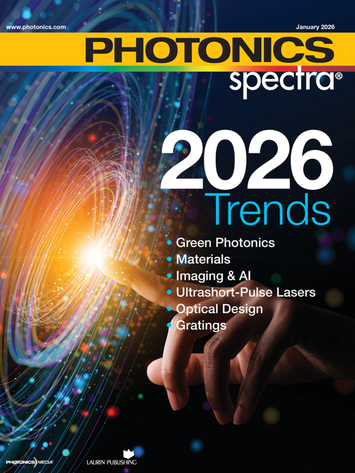 Cover of Photonics Spectra magazine, January 2026, titled ‘2026 Trends,’ featuring a glowing fingertip interacting with swirling light trails and listing topics including green photonics, materials, imaging & AI, ultrashort-pulse lasers, optical design, and gratings.