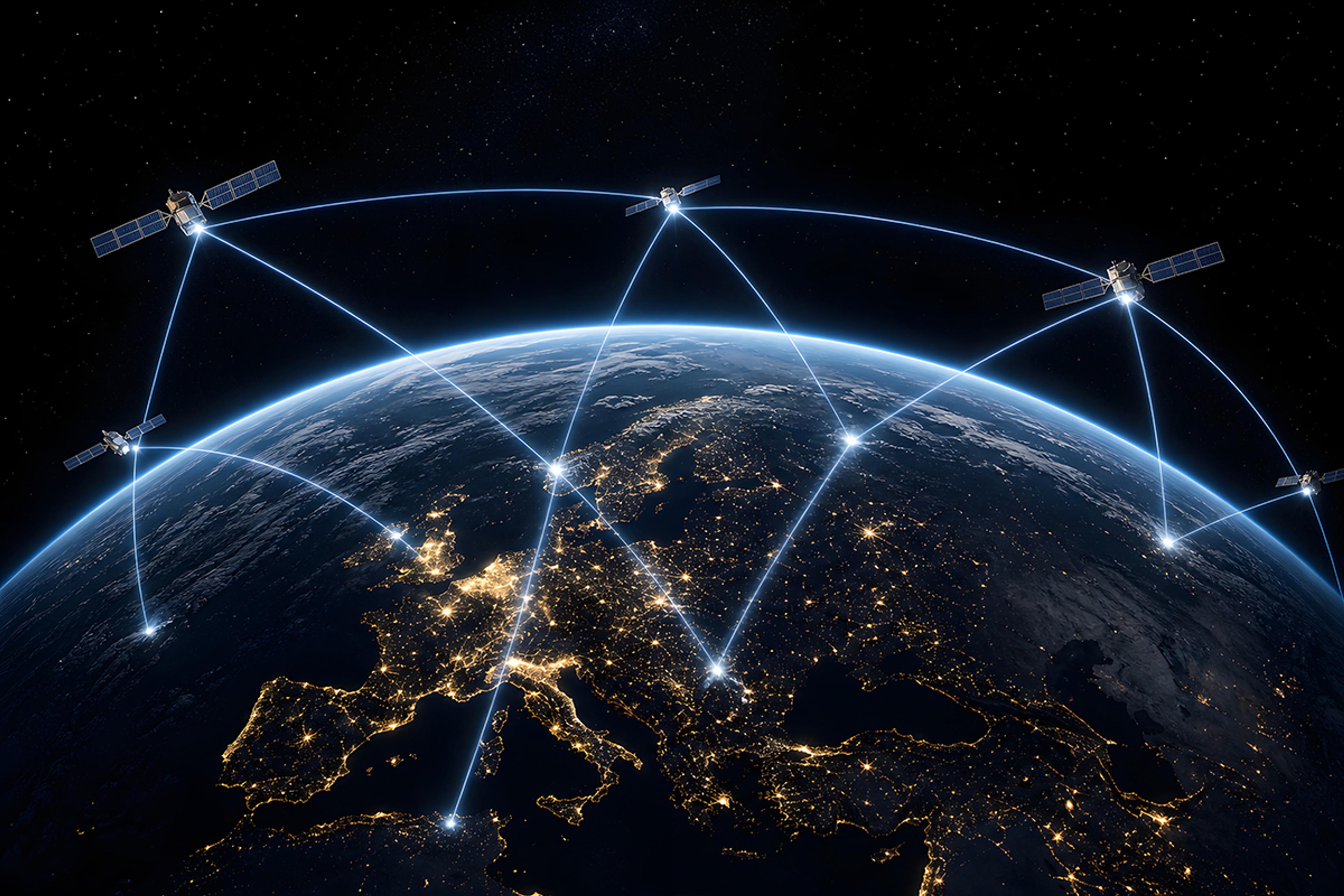 Illustration of satellites orbiting Earth and exchanging optical communication links across Europe, representing a connected satellite communications network.
