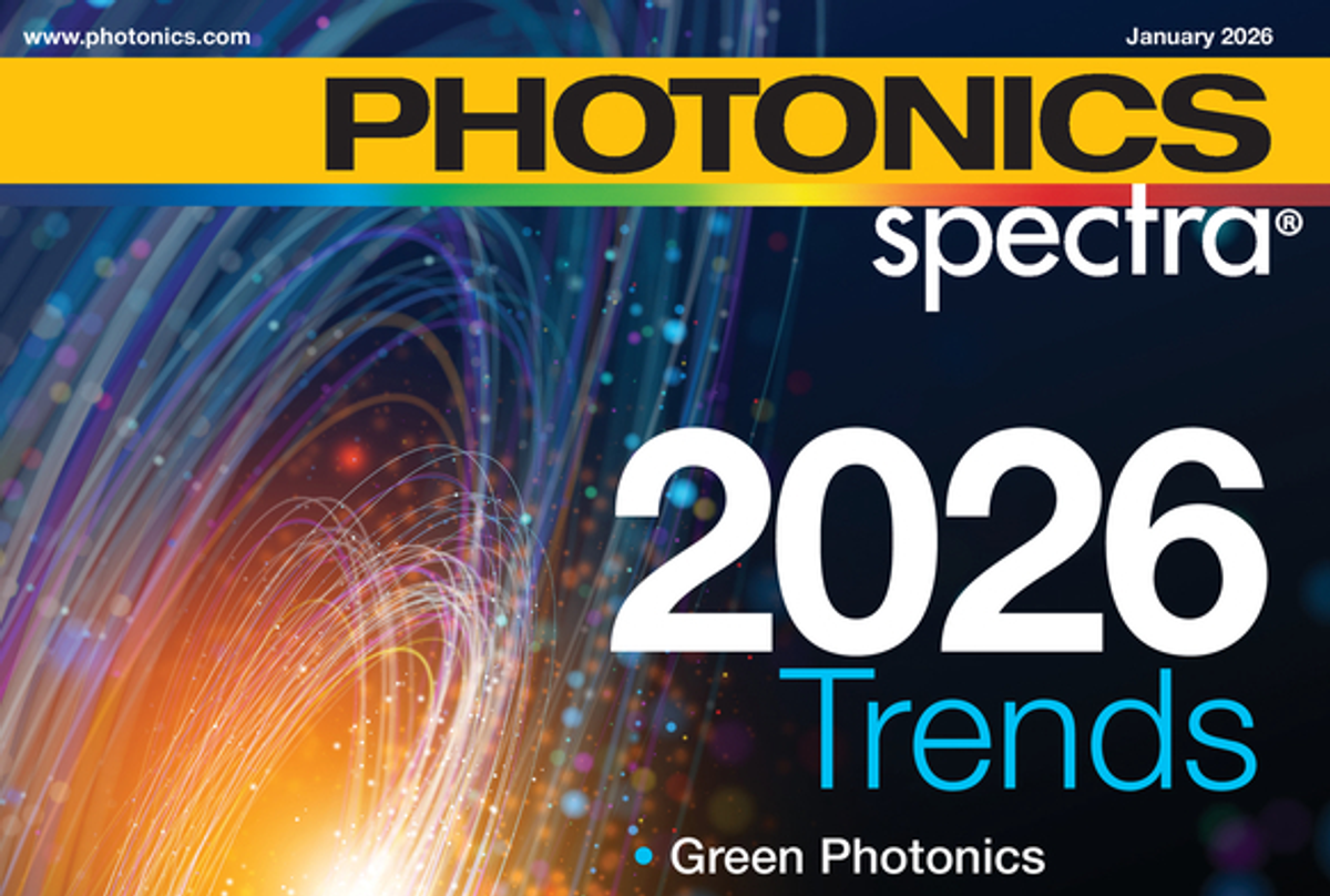Photonics Spectra magazine cover featuring ‘2026 Trends’ with abstract light trails and the headline highlighting green photonics, dated January 2026.