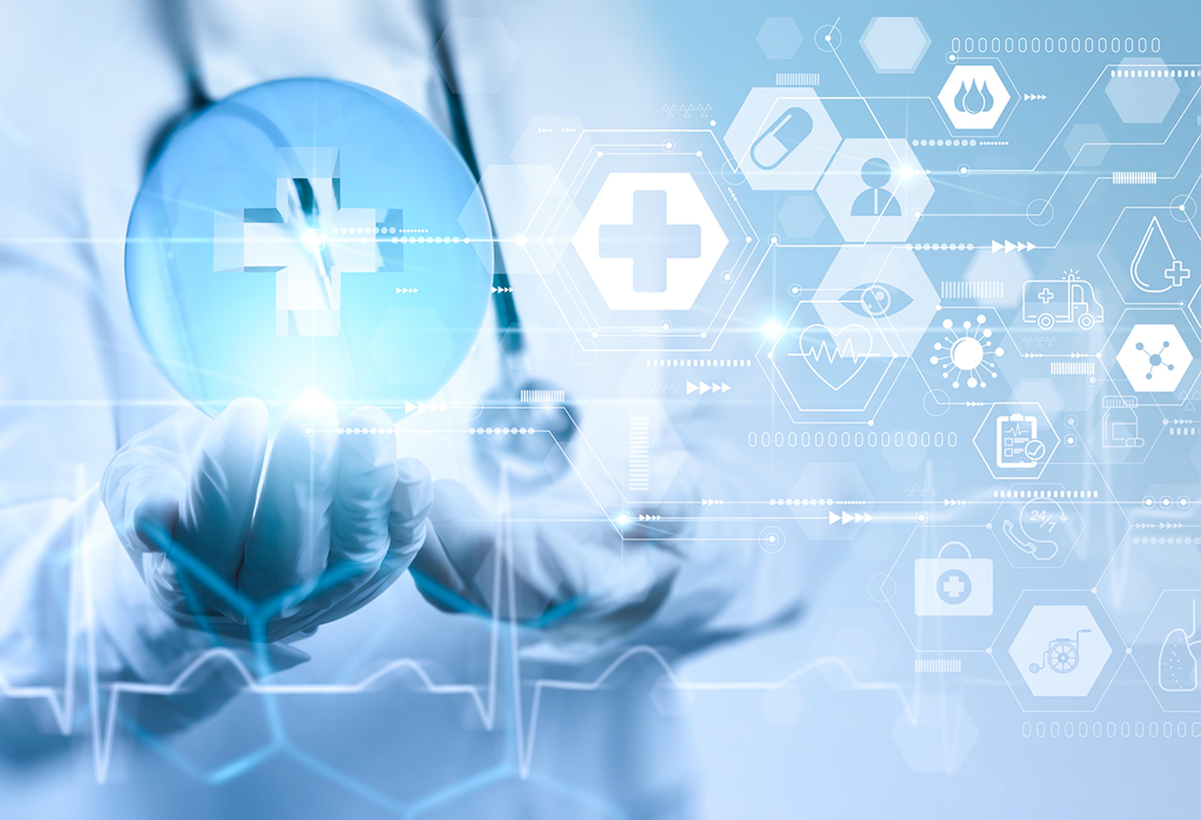 Healthcare technology concept image showing a clinician’s gloved hand reaching toward a glowing medical cross icon with digital health interface graphics and symbols overlayed.