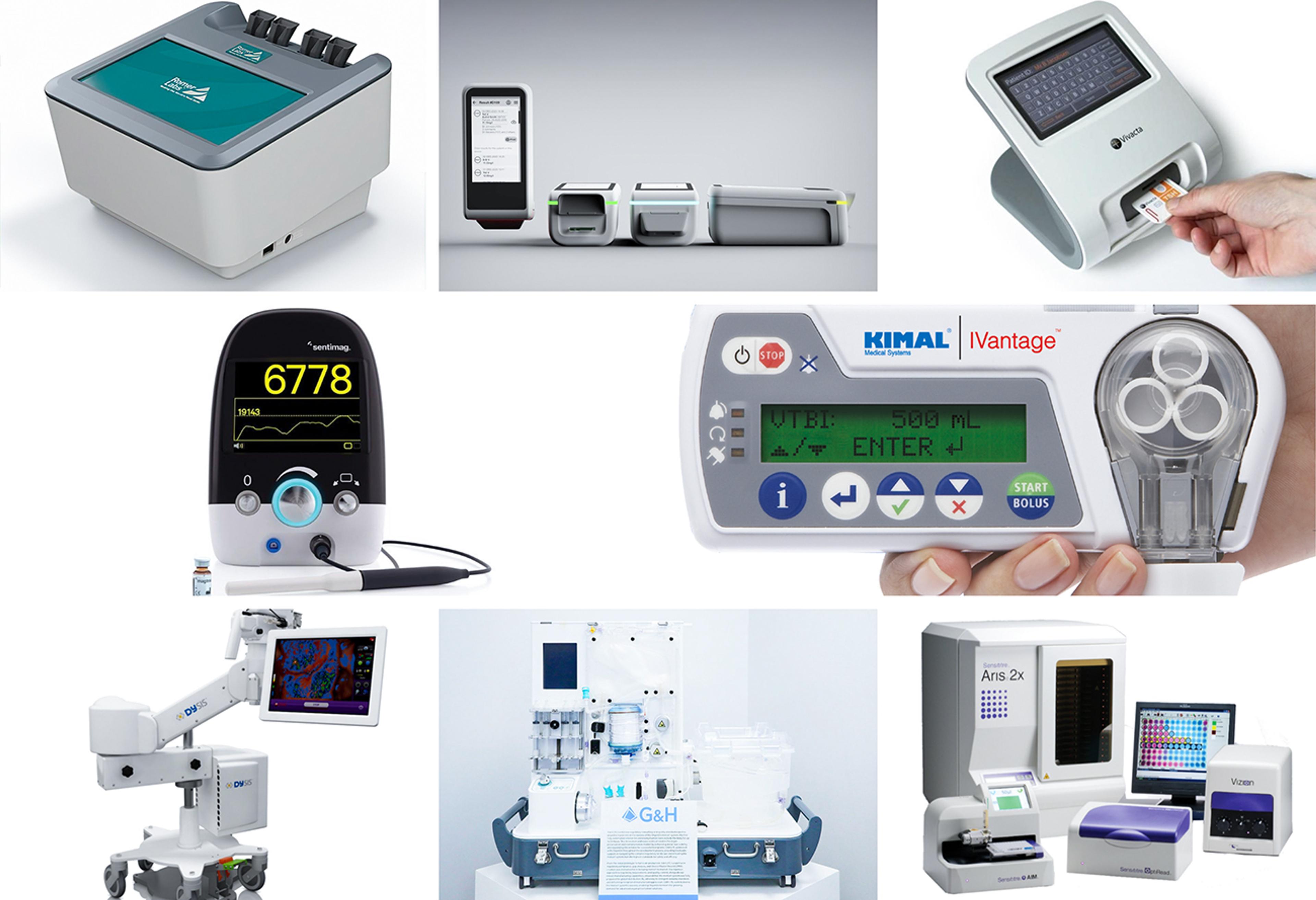 Collage of medical and diagnostic devices displayed against a white background, featuring a range of benchtop, handheld, monitoring, infusion, imaging, and laboratory analysis systems. The image includes compact diagnostic readers, a modular point-of-care testing platform, a handheld card-based analyser, a patient monitor, an infusion pump, a mobile imaging system, a portable medical unit, and automated laboratory instruments, illustrating G&H and partner capabilities across clinical diagnostics, patient care, and medical technology.