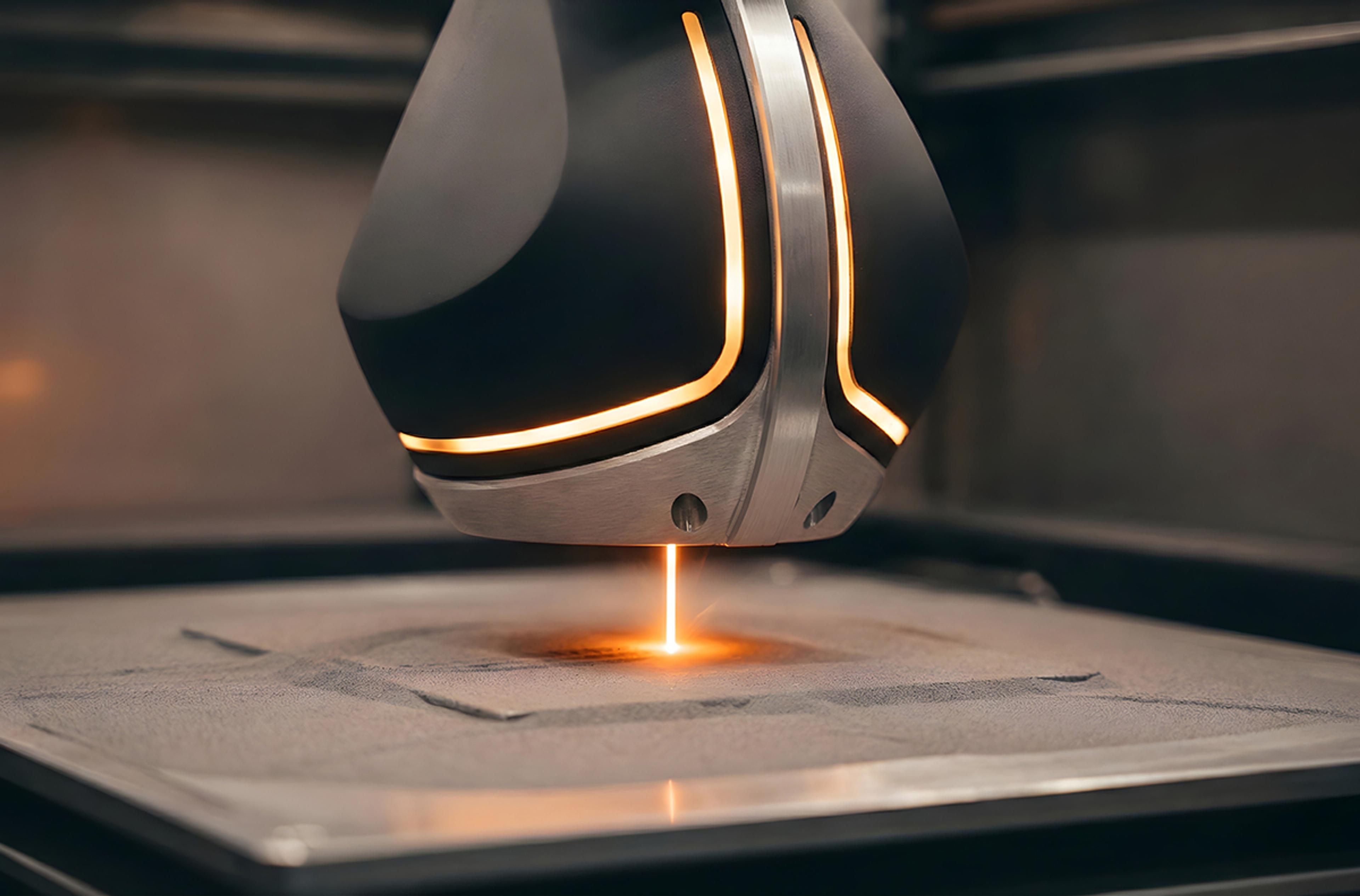 Illustration of a laser-based 3D printer directing a beam onto a powder bed
