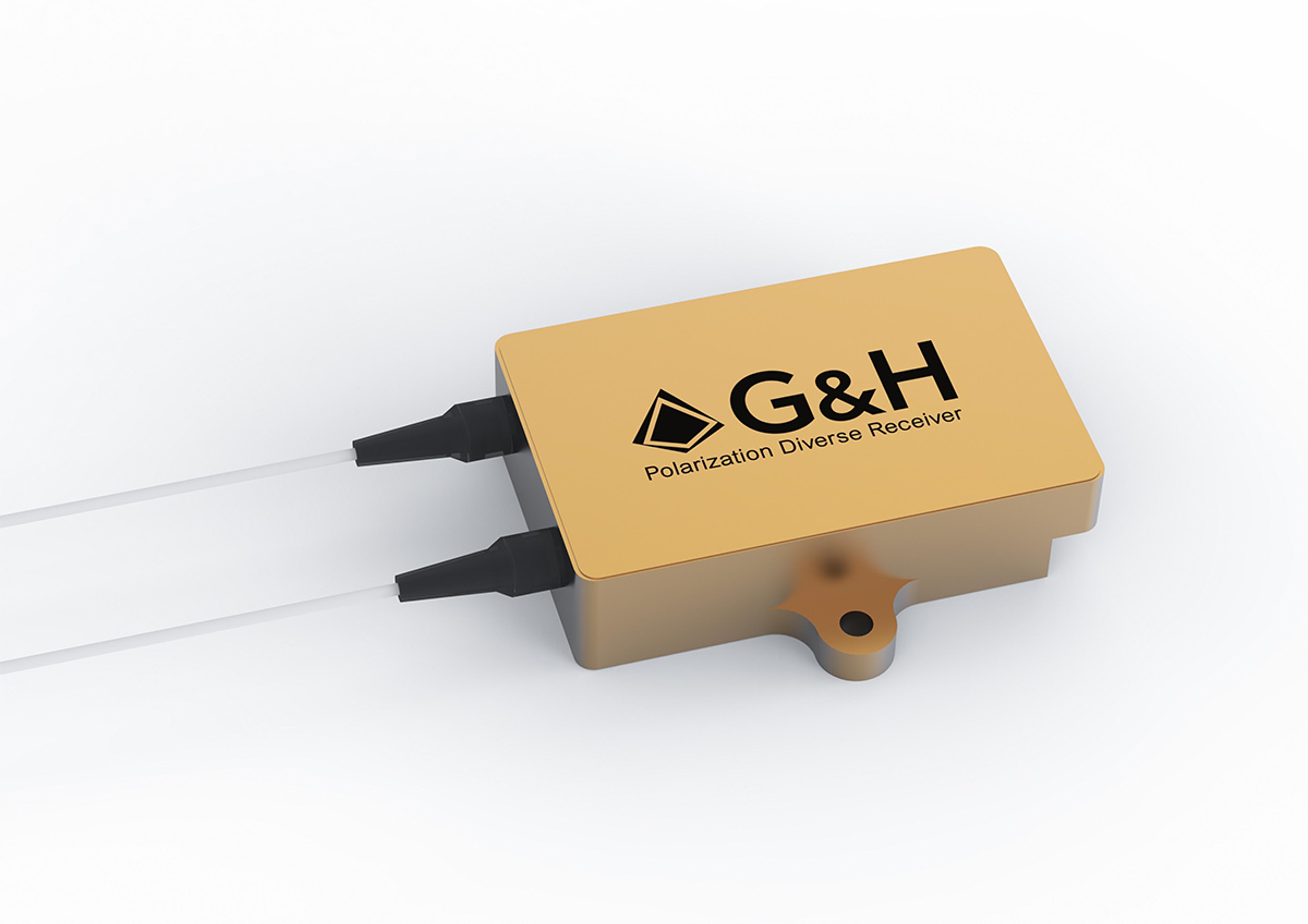 Gold G&H Polarization Diverse Receiver module with two fibre pigtail connections, shown on a white background.