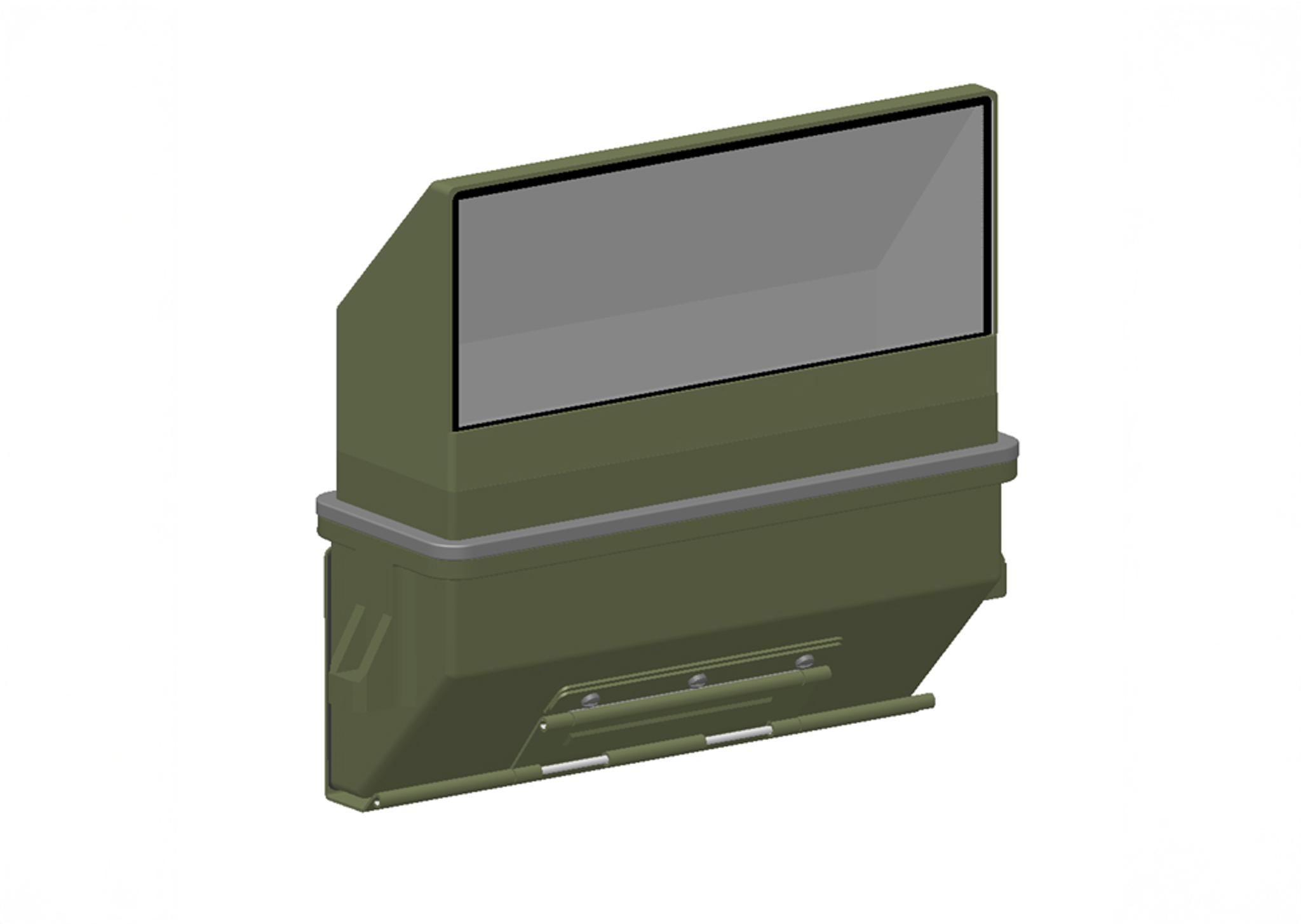 M27 M-Series Unity Vision Periscope.  A 3D-rendered image of a green armored periscope or vision block assembly, commonly used on military vehicles. The unit has a rectangular glass viewing window at the top, a central rubber seal band, and a lower angled section with two visible spring-loaded hinges. The design suggests modular integration into a vehicle structure for protected viewing.