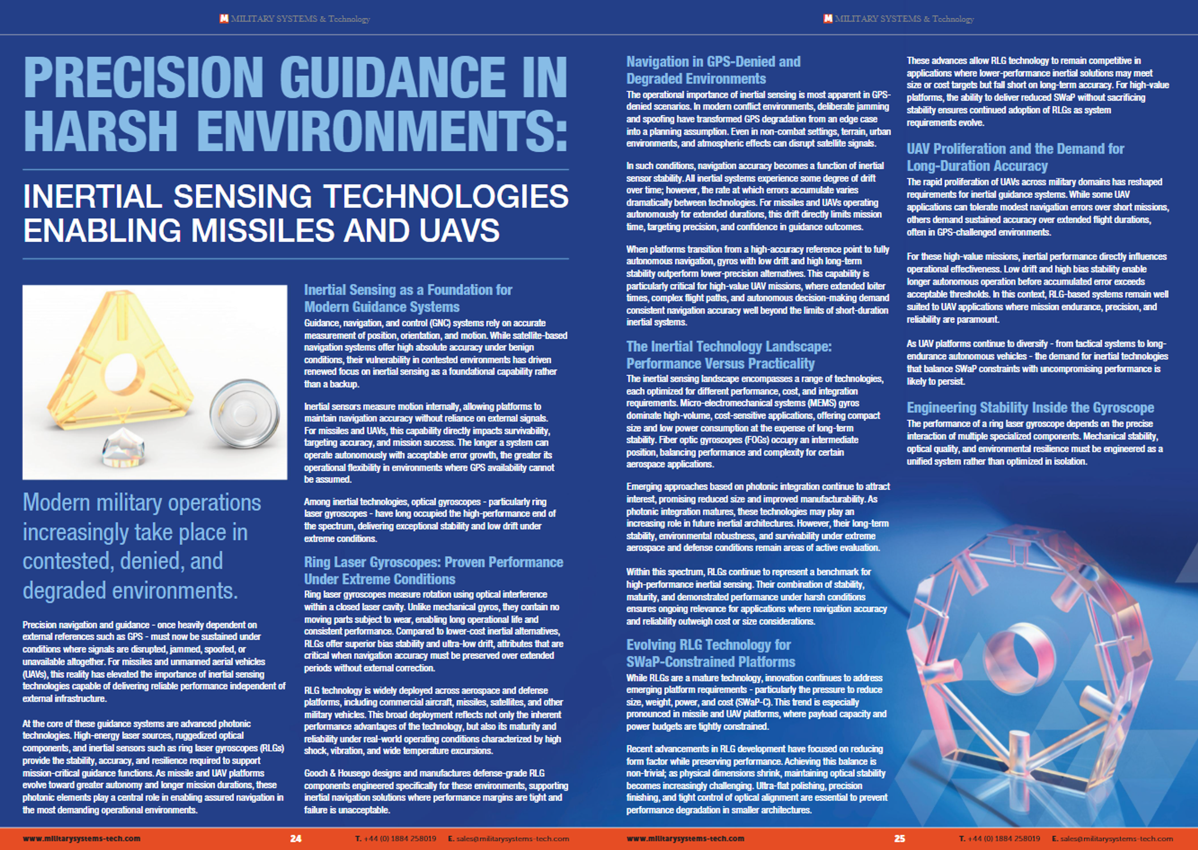 Two-page magazine spread titled “Precision Guidance in Harsh Environments: Inertial Sensing Technologies Enabling Missiles and UAVs”, with multi-column text sections on GPS-denied navigation, RLG technology and gyroscope stability, plus images of optical components and a stylised gyroscope graphic.