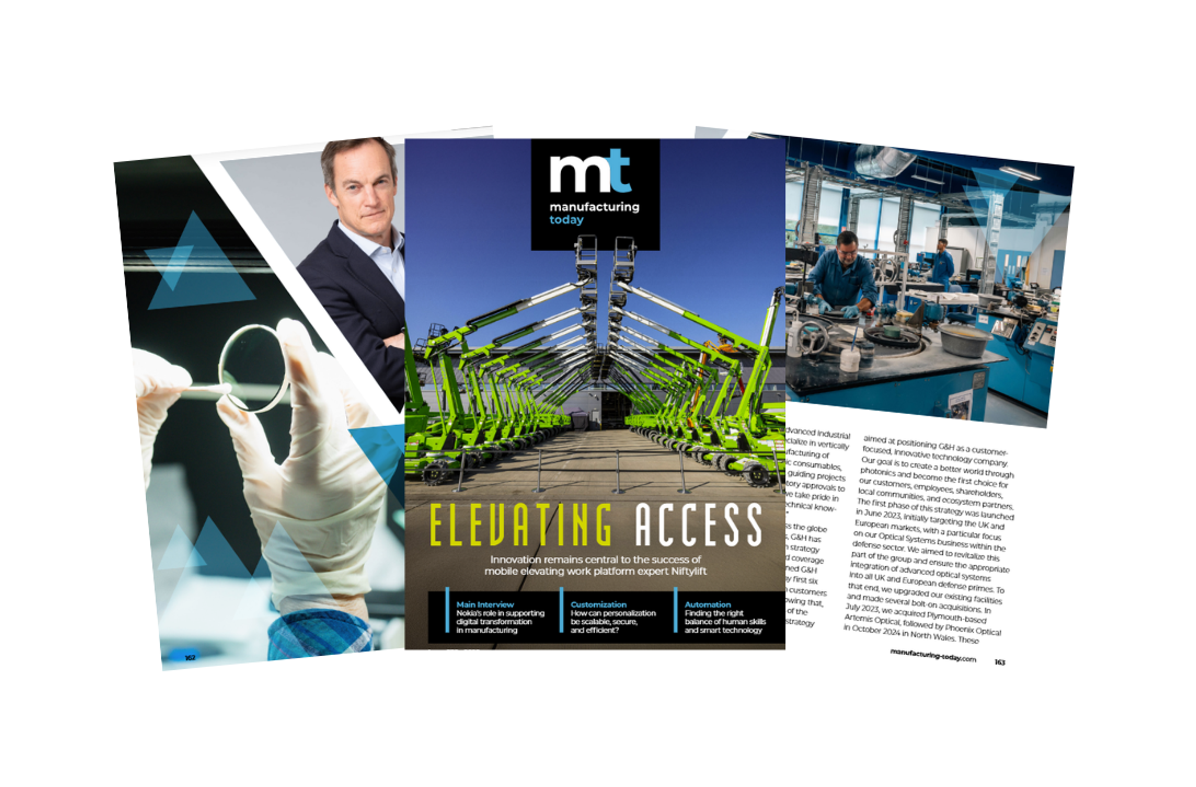 A spread from Manufacturing Today magazine that includes an article about G&H Tampa. The center page features the August 2025 cover, showing rows of bright green mobile elevating work platforms under a clear blue sky. The headline reads “Elevating Access” with a subheading: “Innovation remains central to the success of mobile elevating work platform expert Niftylift.” The top shows the mt manufacturing today logo. The left page includes a person handling an optical component with gloves, and a portrait of a man in business attire. The right page shows a technician working in a bright blue manufacturing lab.