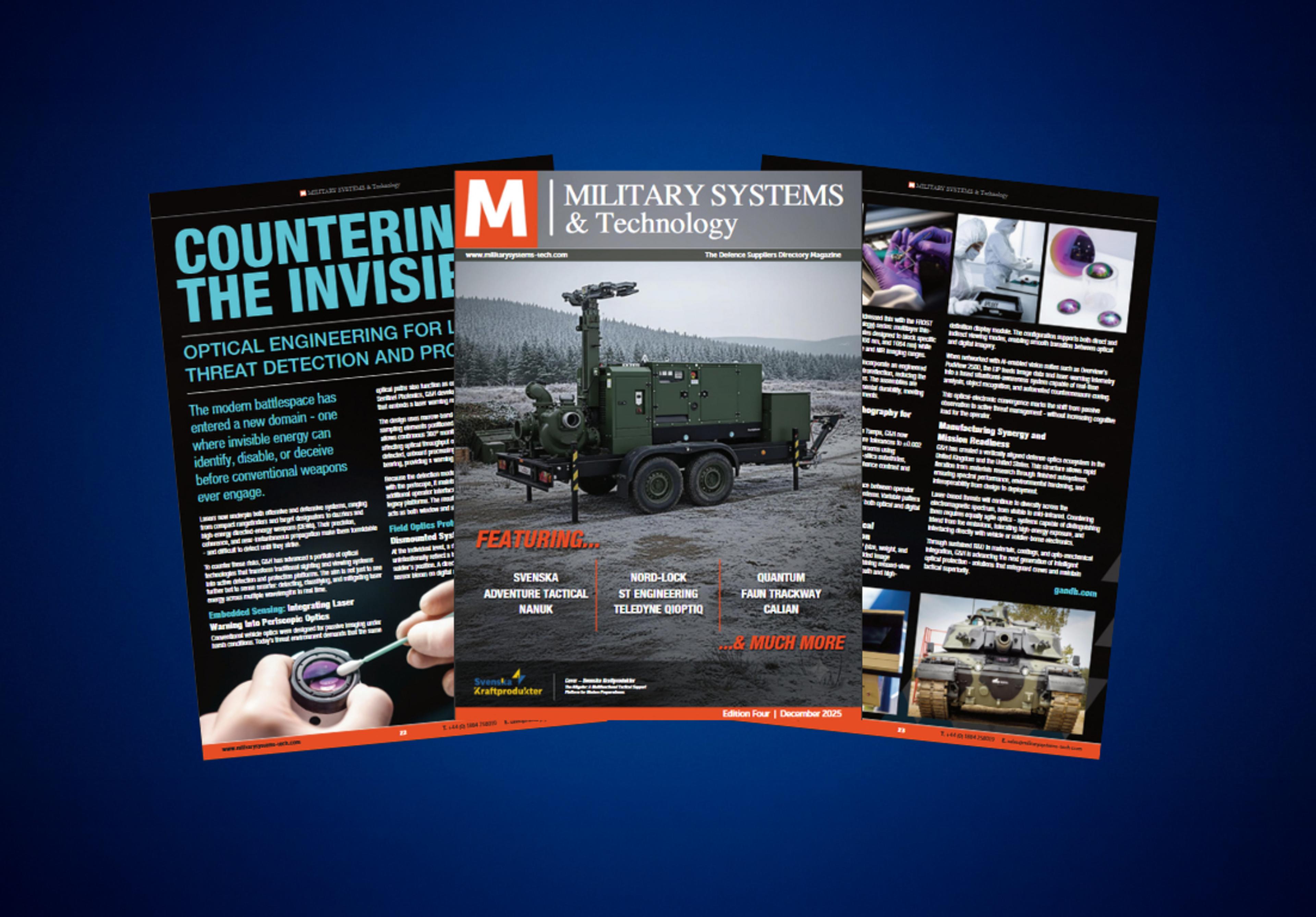 Collage of pages from the December 2025 issue of Military Systems & Technology magazine, featuring defense technology articles and imagery including optics, sensors, and military vehicles