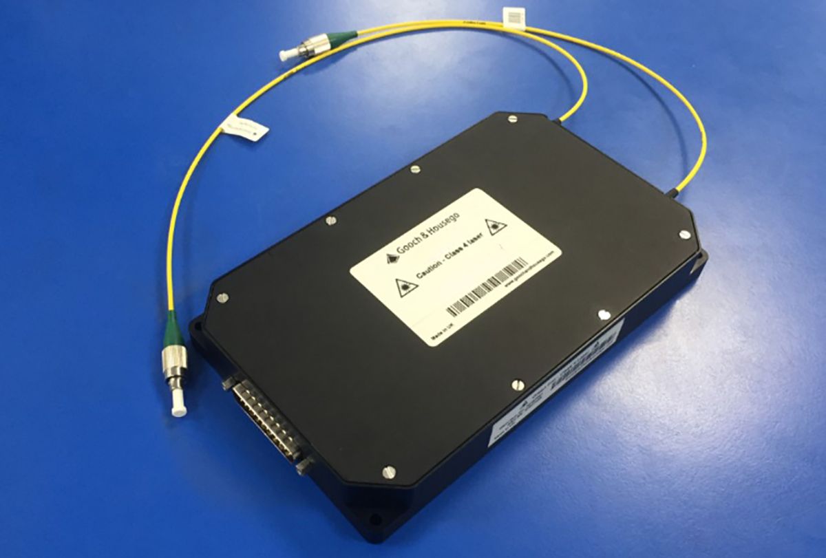 G&H custom OEM fiber optic module in a compact black enclosure with yellow fiber leads, optical connectors and an electrical interface.