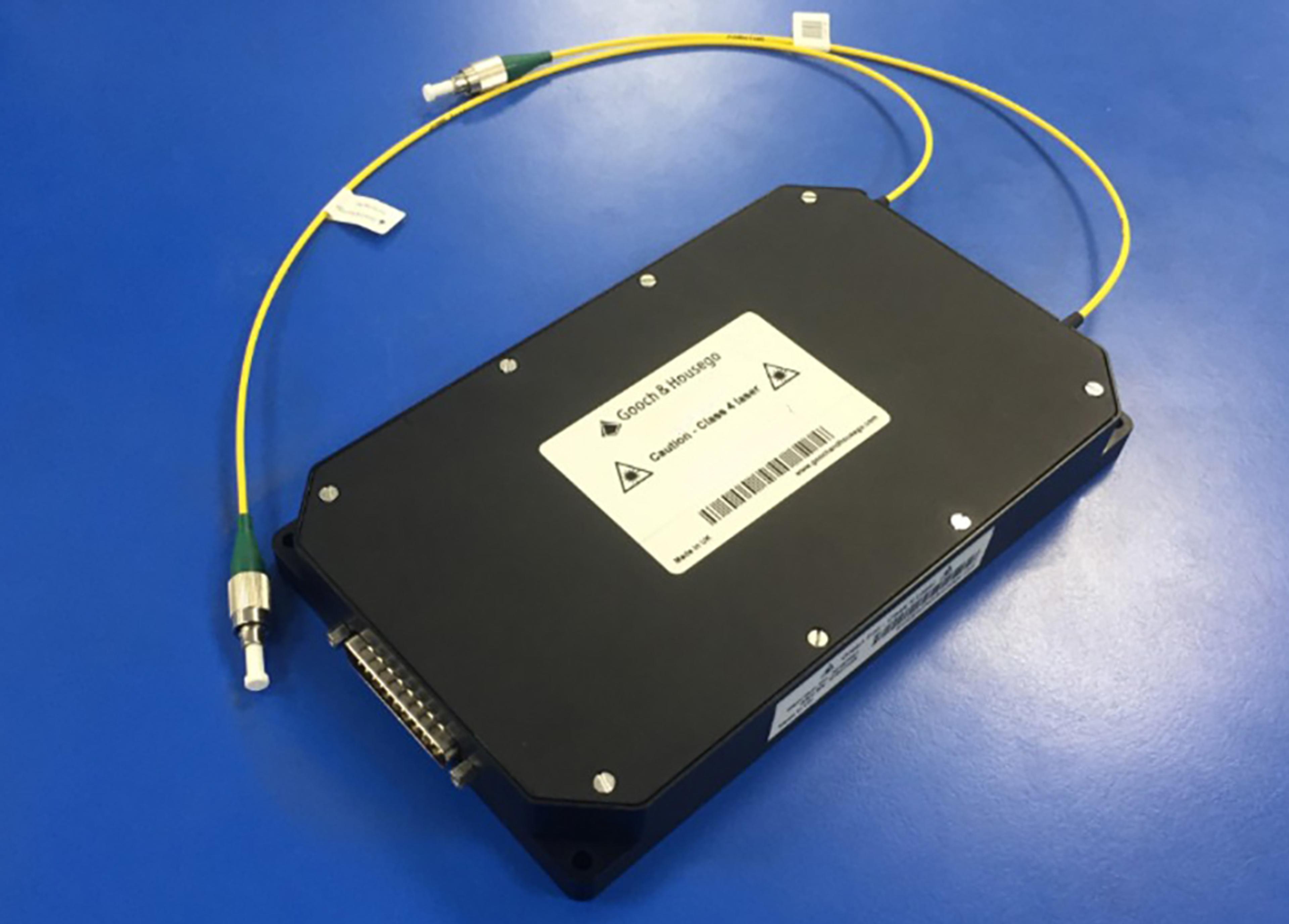 G&H custom OEM fiber optic module in a compact black enclosure with yellow fiber leads, optical connectors and an electrical interface.