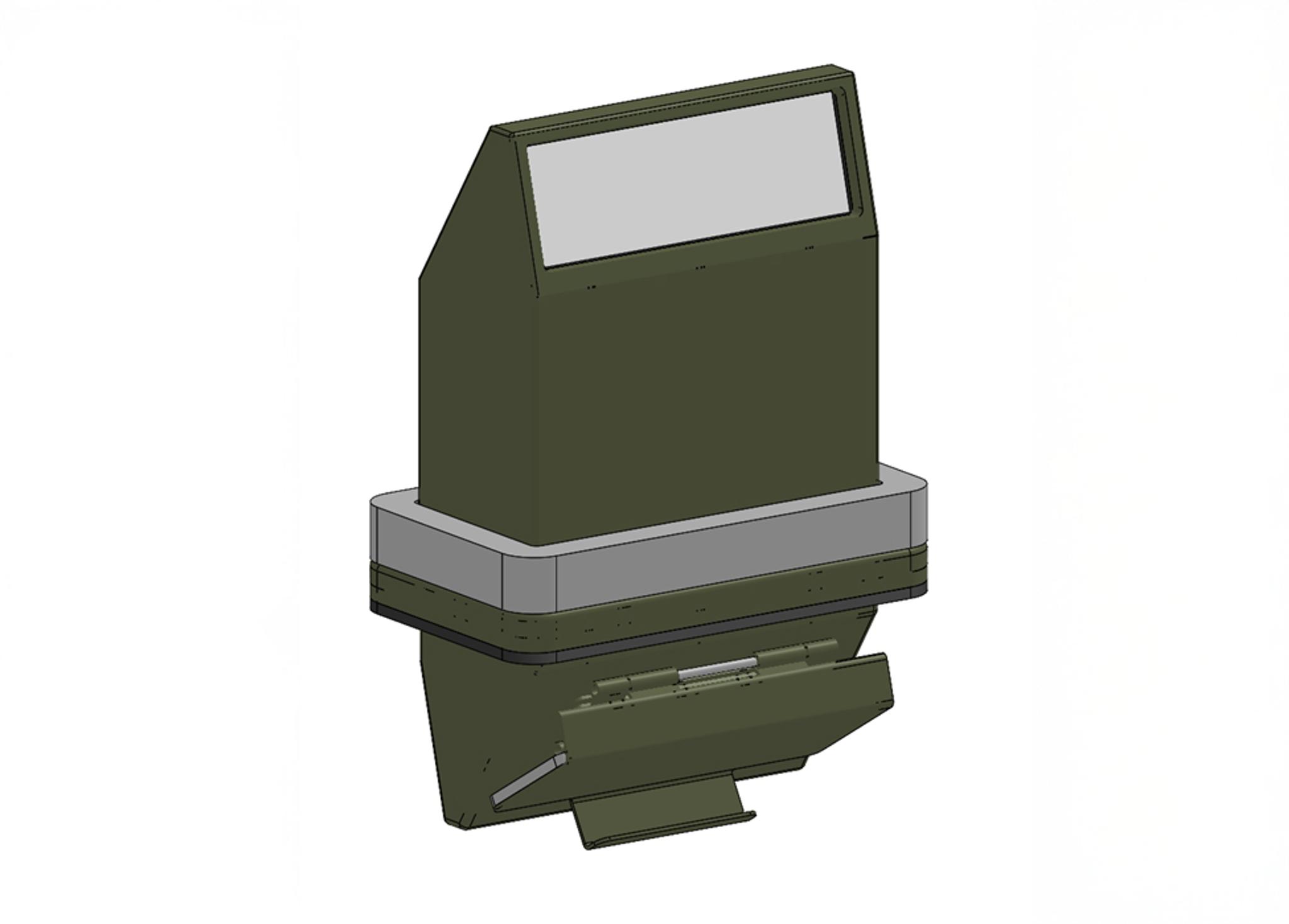 L794/N1 M-Series Unity Vision Periscope.  A 3D-rendered image of a compact green armored periscope or vision device, typically used in military vehicles. The unit has a slanted rectangular viewing window at the top, a thick gray mounting band around the middle, and a lower section with a hinged cover and spring mechanism. The design appears to prioritize space-saving while maintaining robust protection and visibility.
