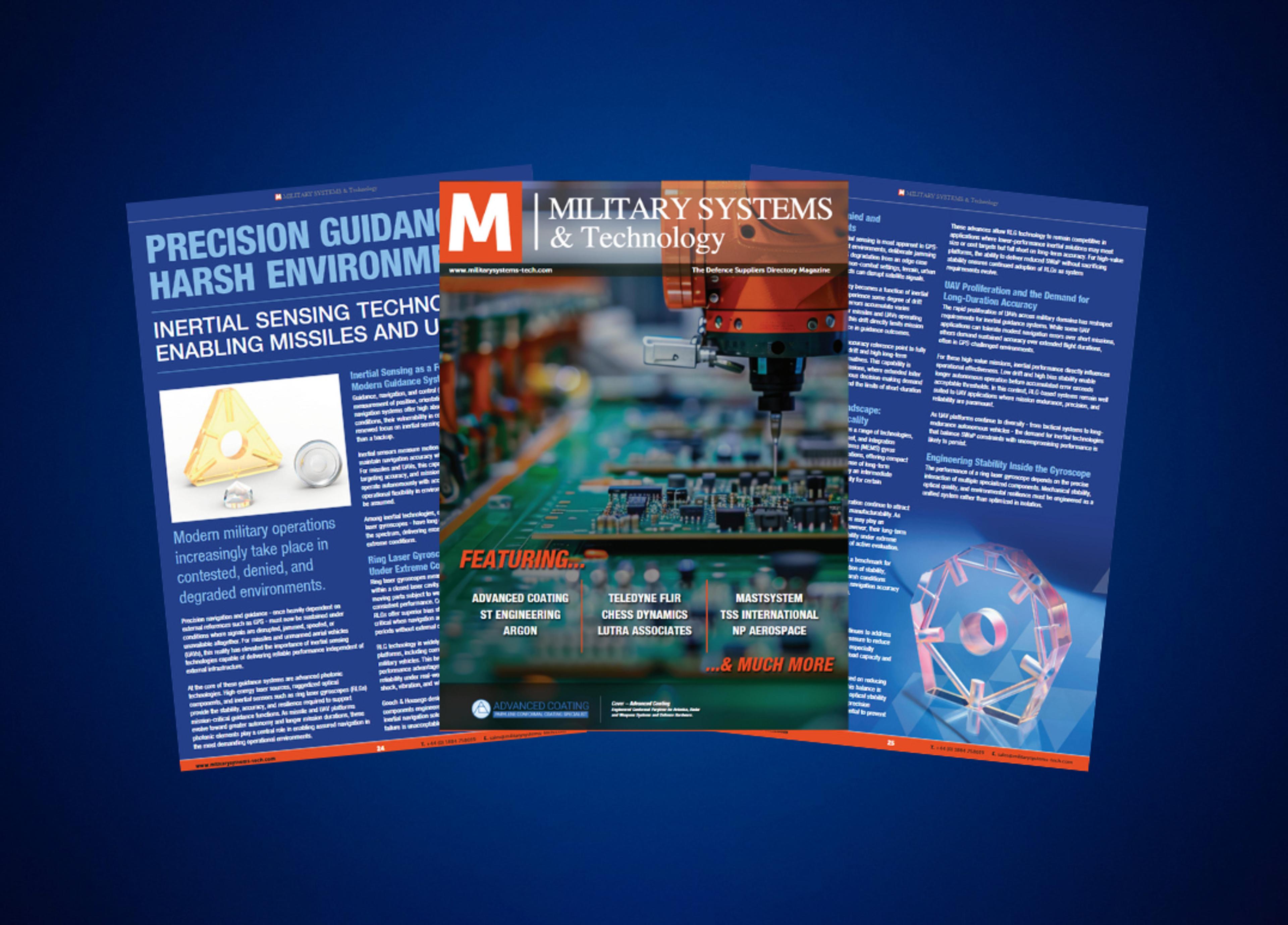 Web banner showing the March 2026 Military Systems & Technology magazine cover with a featured two-page spread titled “Precision Guidance in Harsh Environments,” displayed on a blue background.